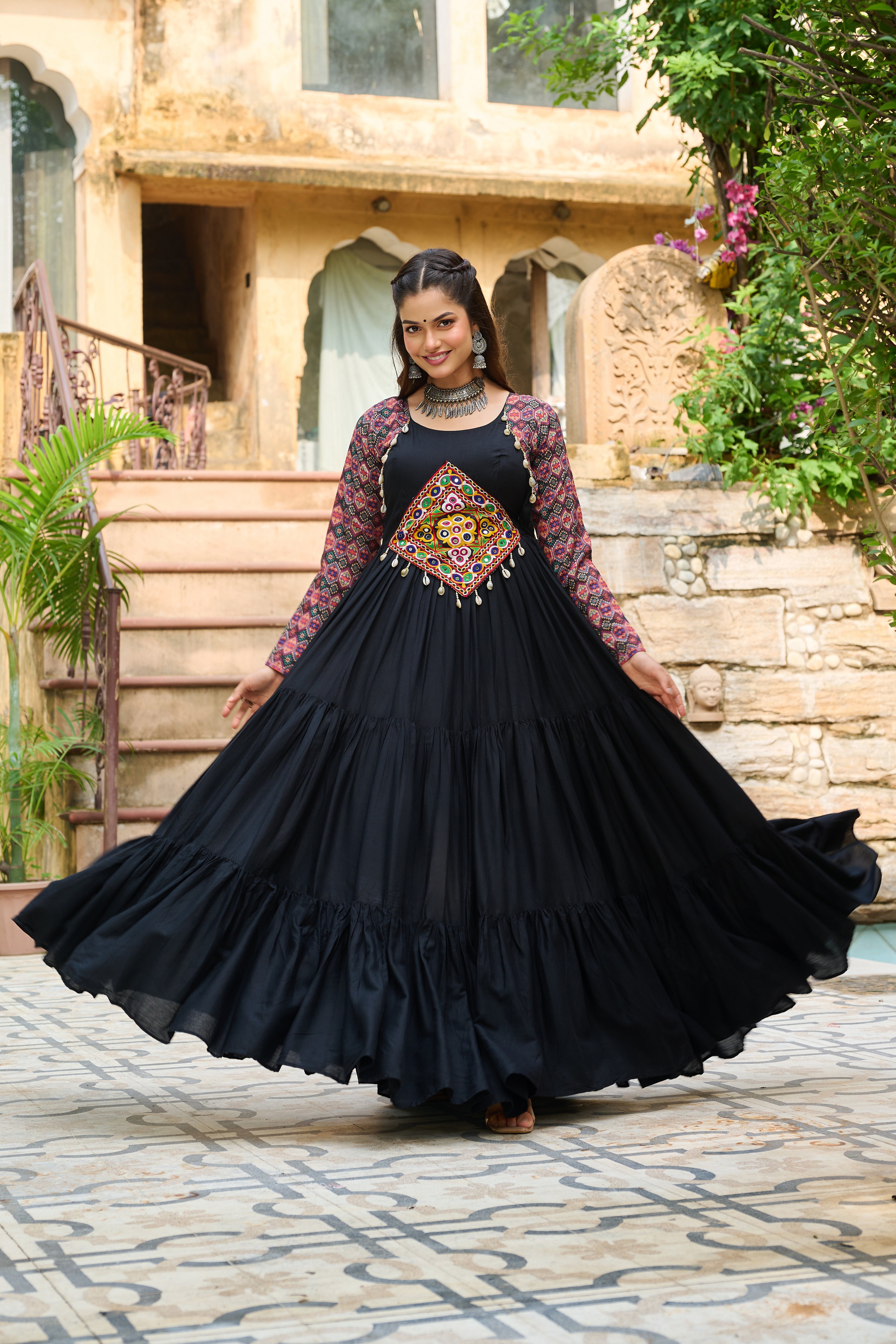 Boho Tiered Anarkali Dress with Kutch Embroidered Yoke & Jacket