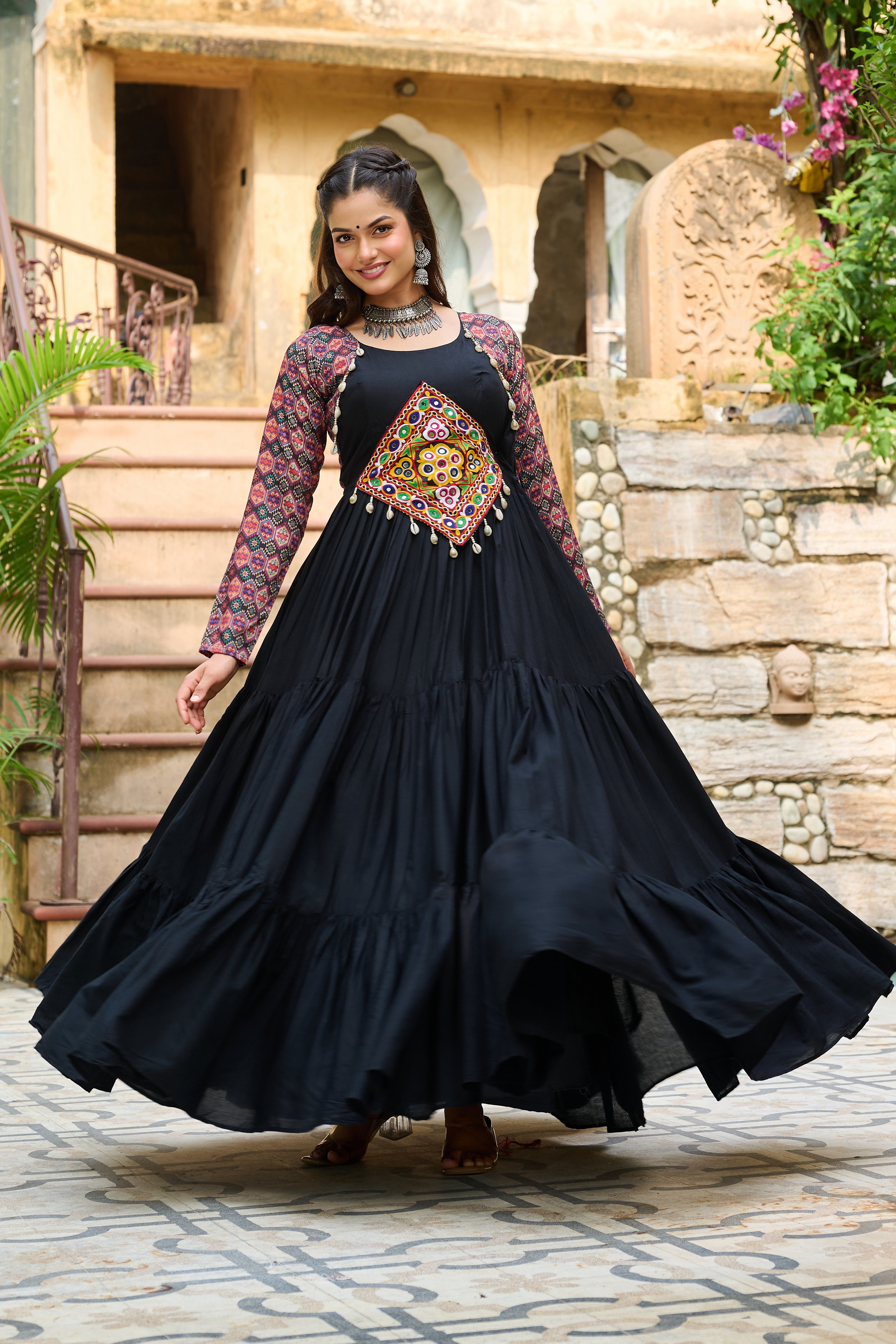 Boho Tiered Anarkali Dress with Kutch Embroidered Yoke & Jacket