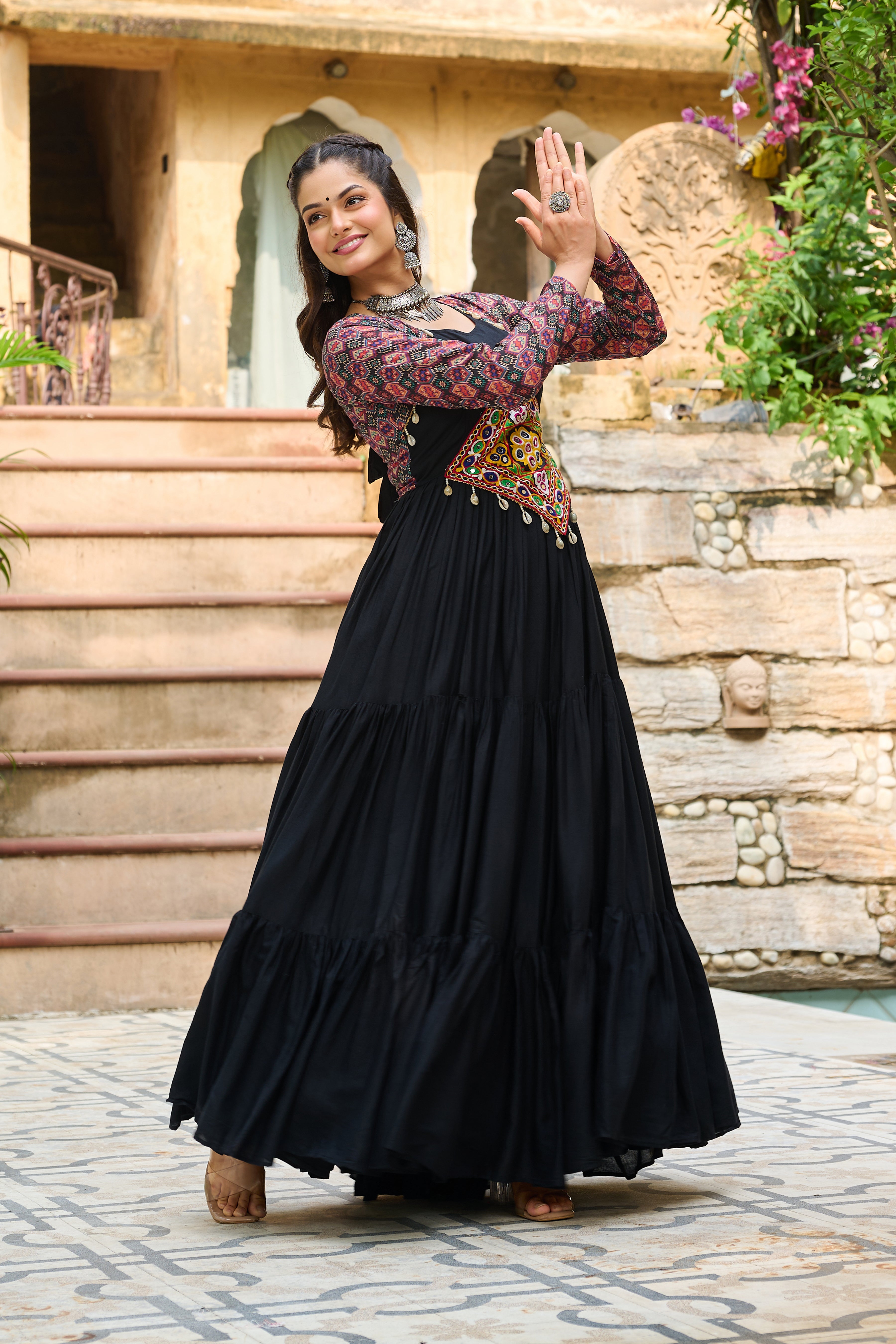 Boho Tiered Anarkali Dress with Kutch Embroidered Yoke & Jacket