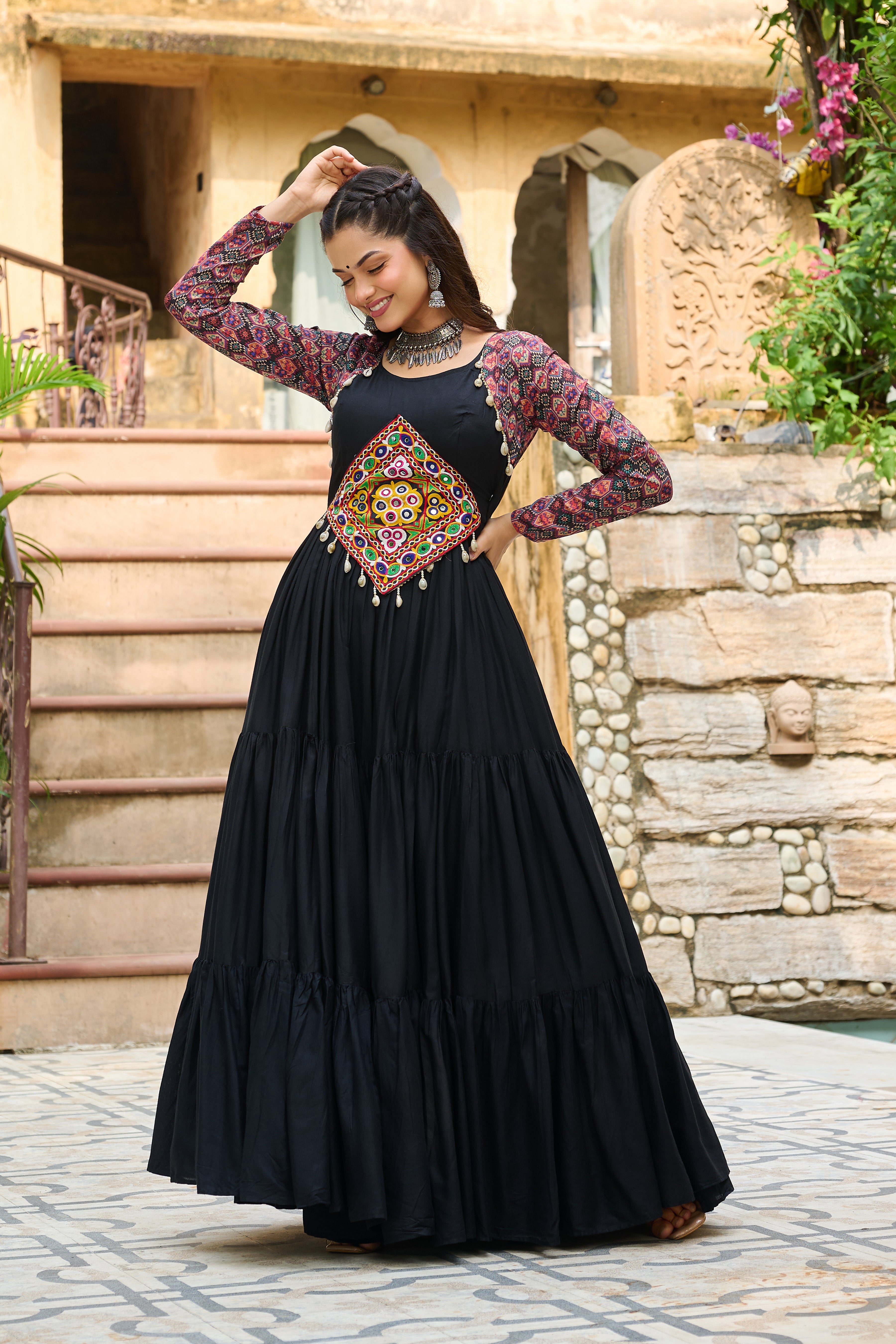 Boho Tiered Anarkali Dress with Kutch Embroidered Yoke & Jacket
