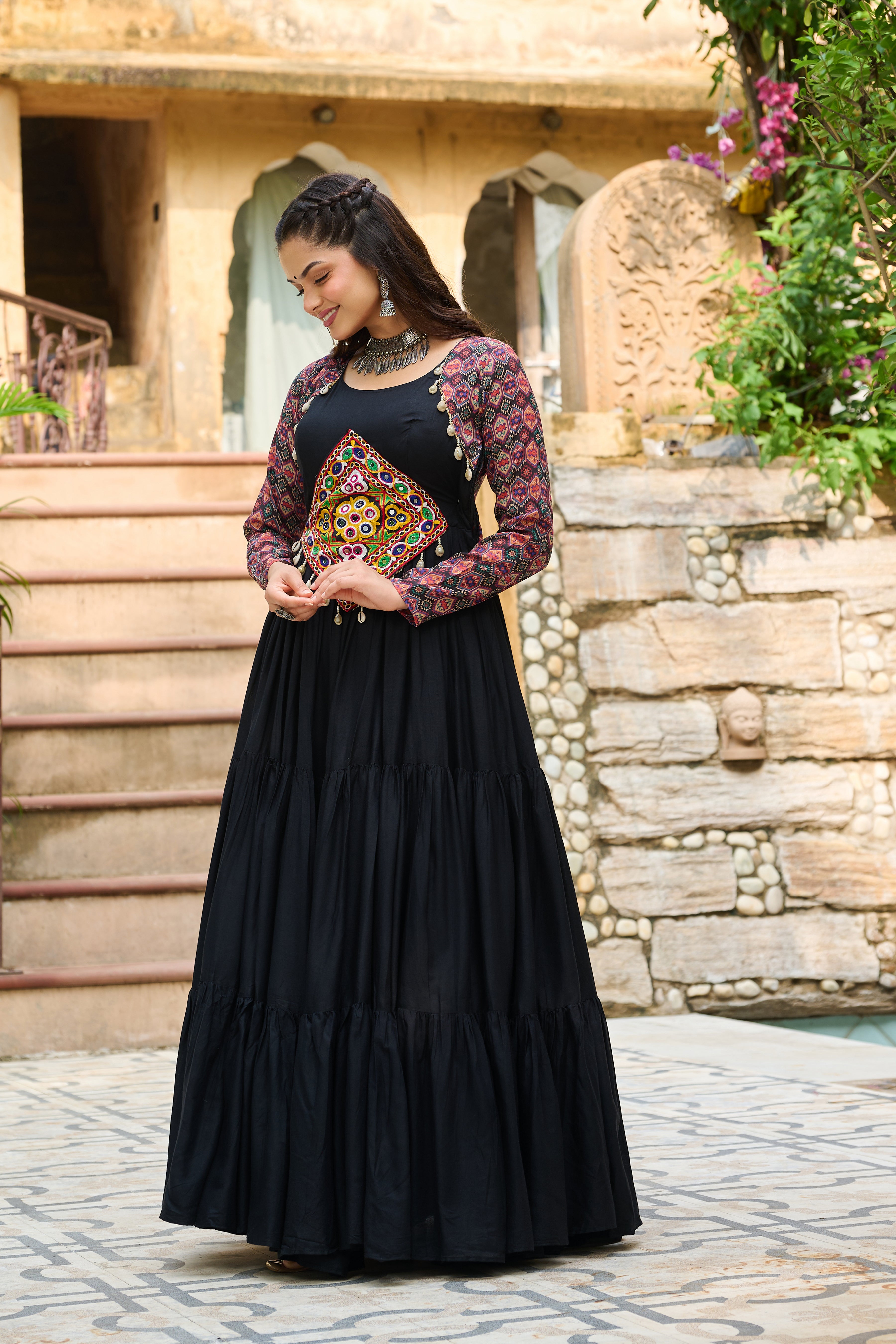 Boho Tiered Anarkali Dress with Kutch Embroidered Yoke & Jacket