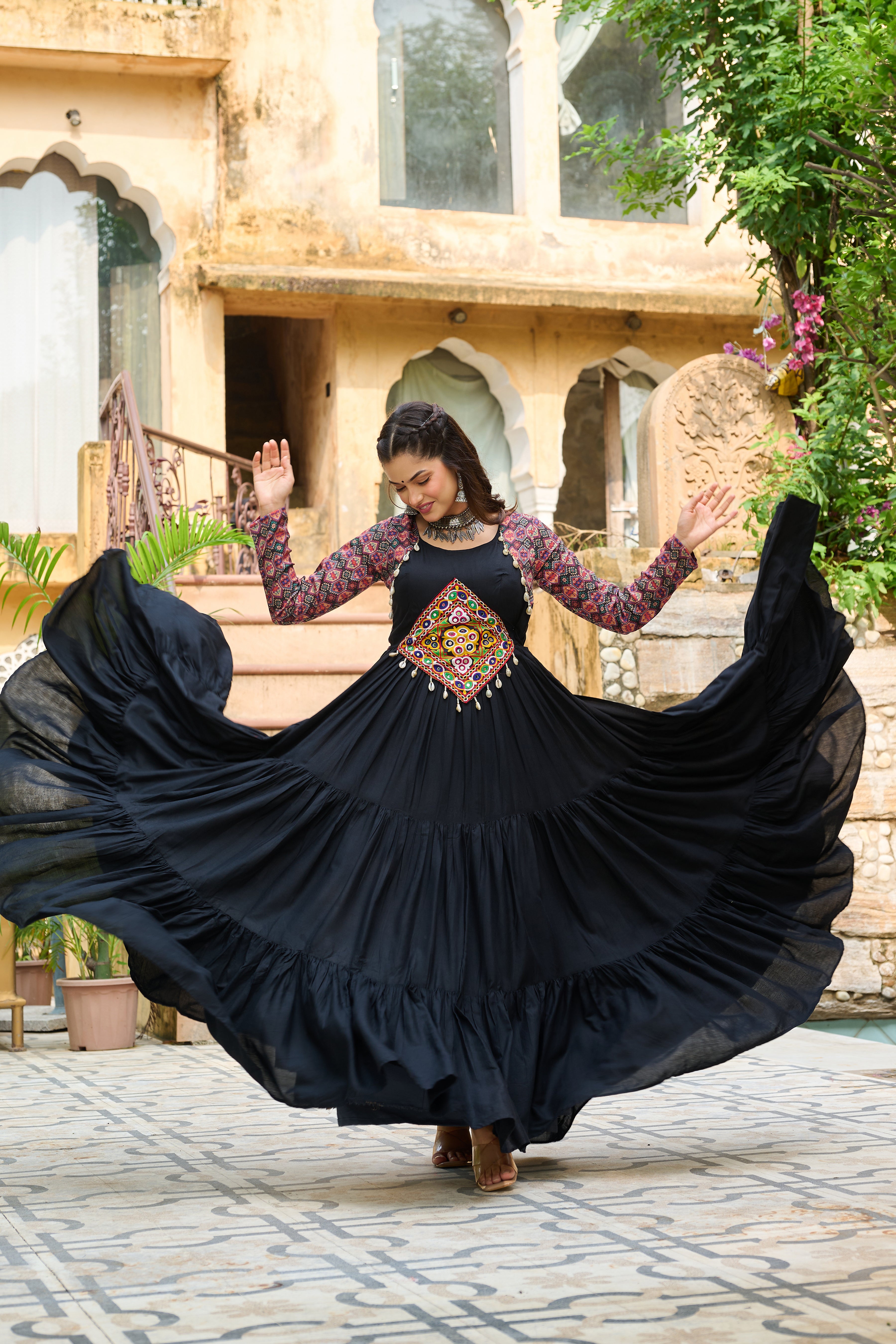 Boho Tiered Anarkali Dress with Kutch Embroidered Yoke & Jacket