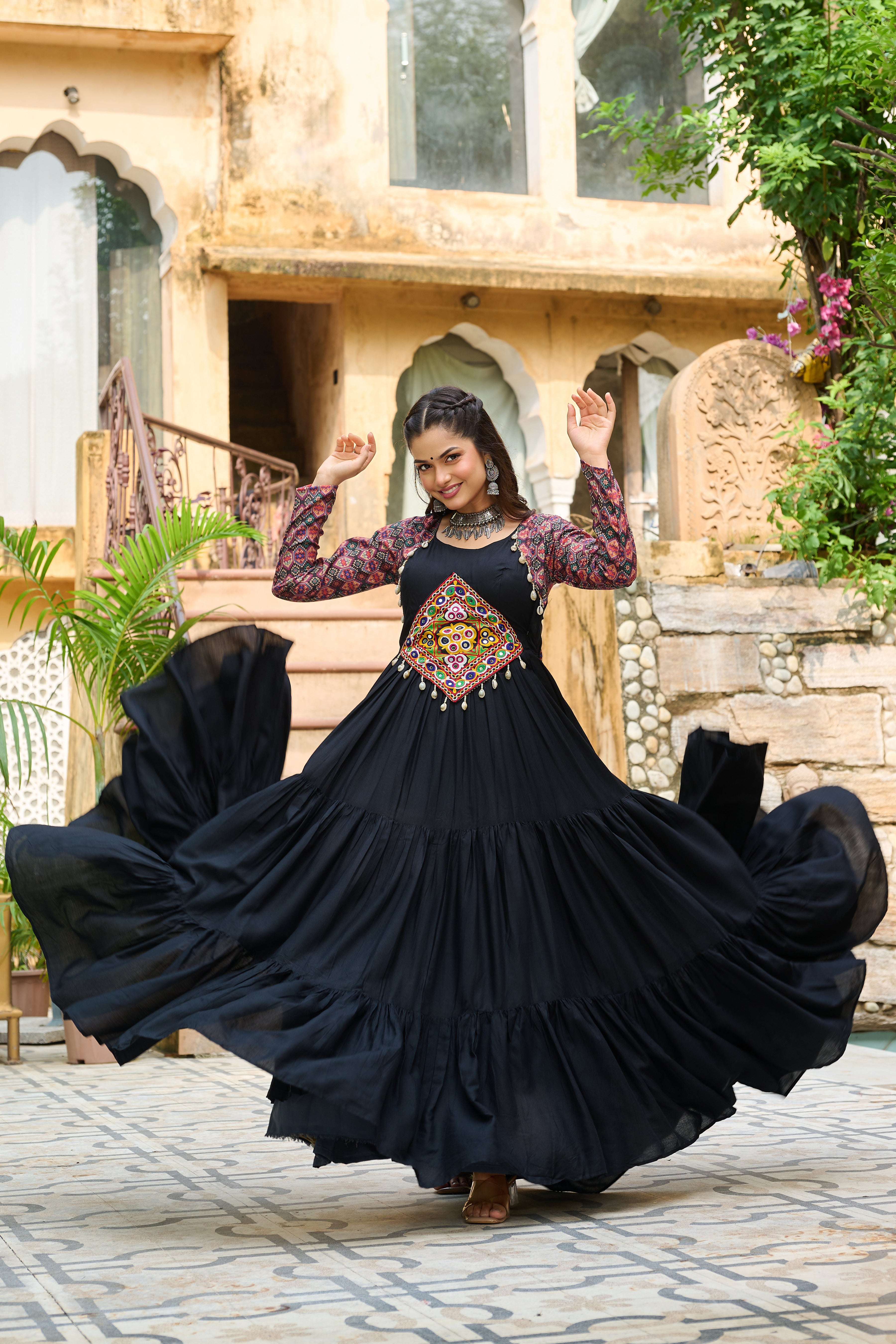 Boho Tiered Anarkali Dress with Kutch Embroidered Yoke & Jacket