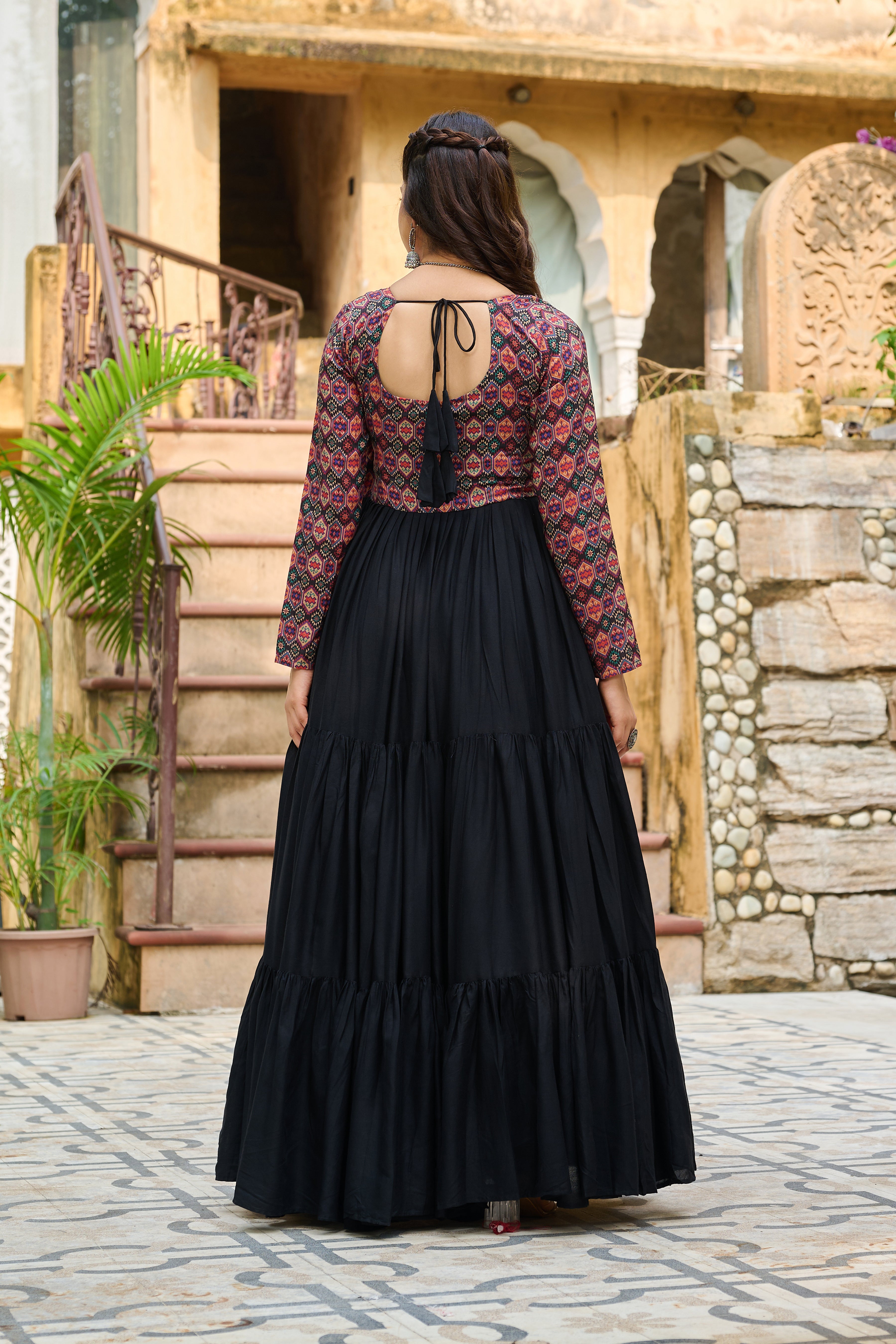 Boho Tiered Anarkali Dress with Kutch Embroidered Yoke & Jacket