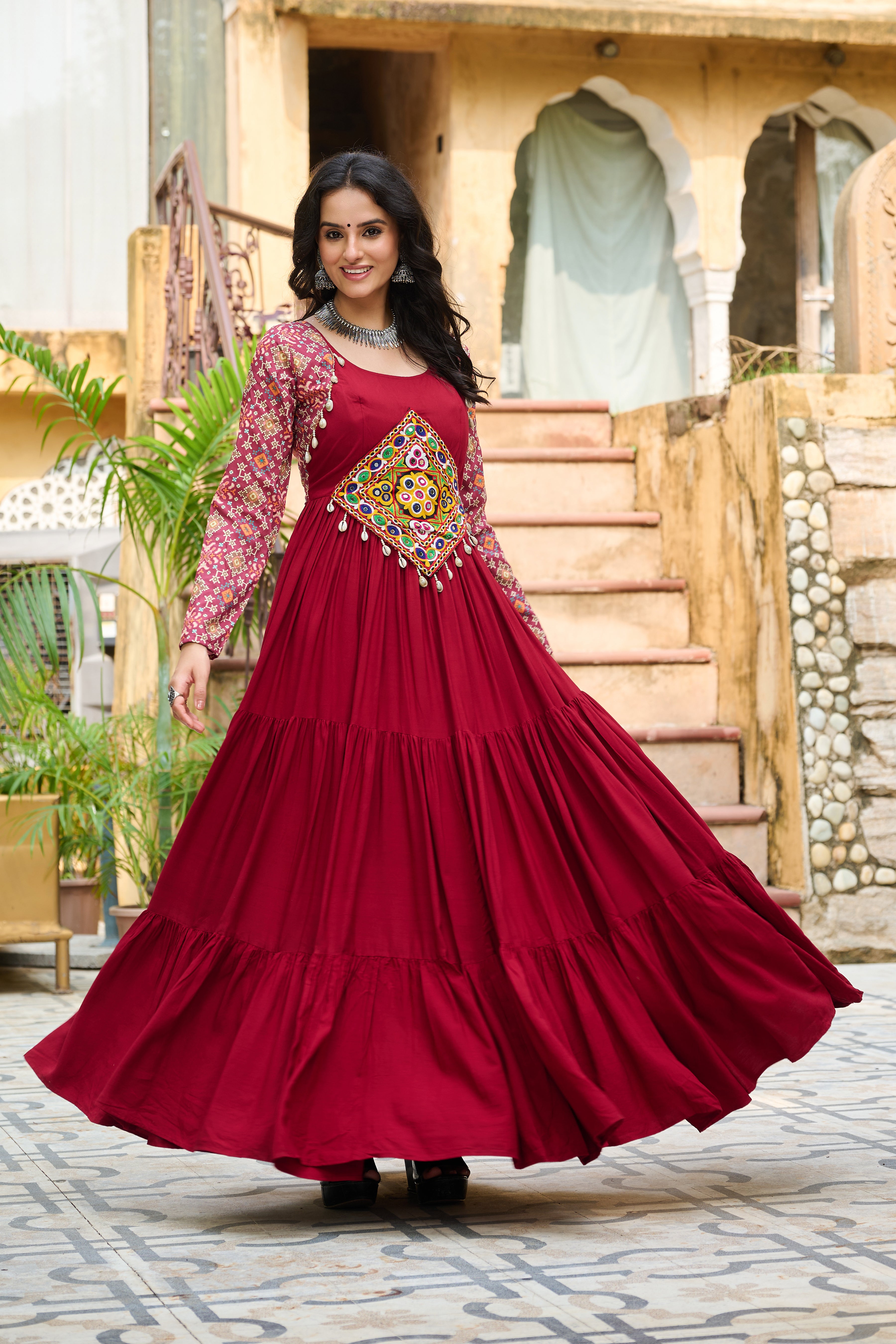 Boho Tiered Anarkali Dress with Kutch Embroidered Yoke & Jacket