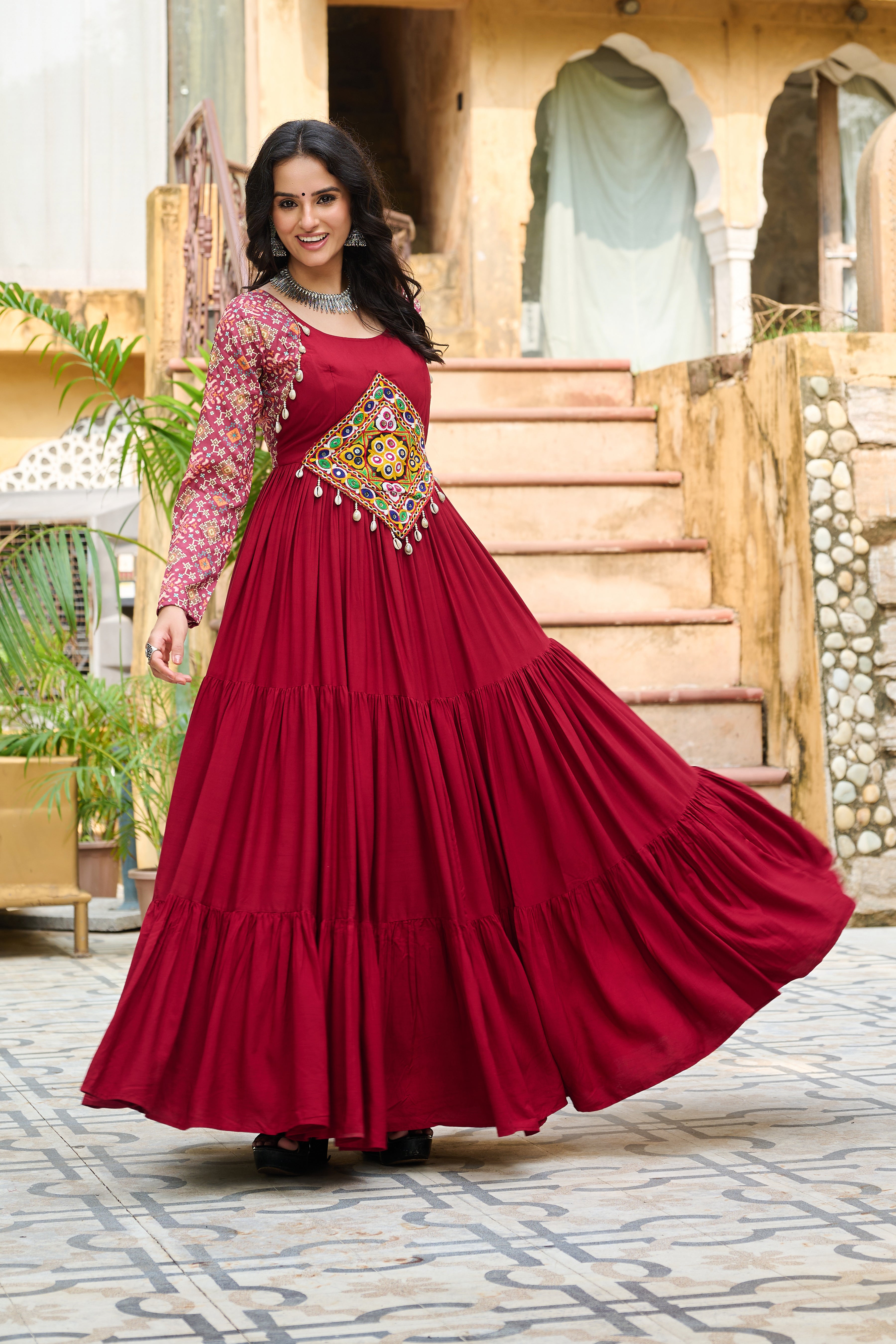 Boho Tiered Anarkali Dress with Kutch Embroidered Yoke & Jacket