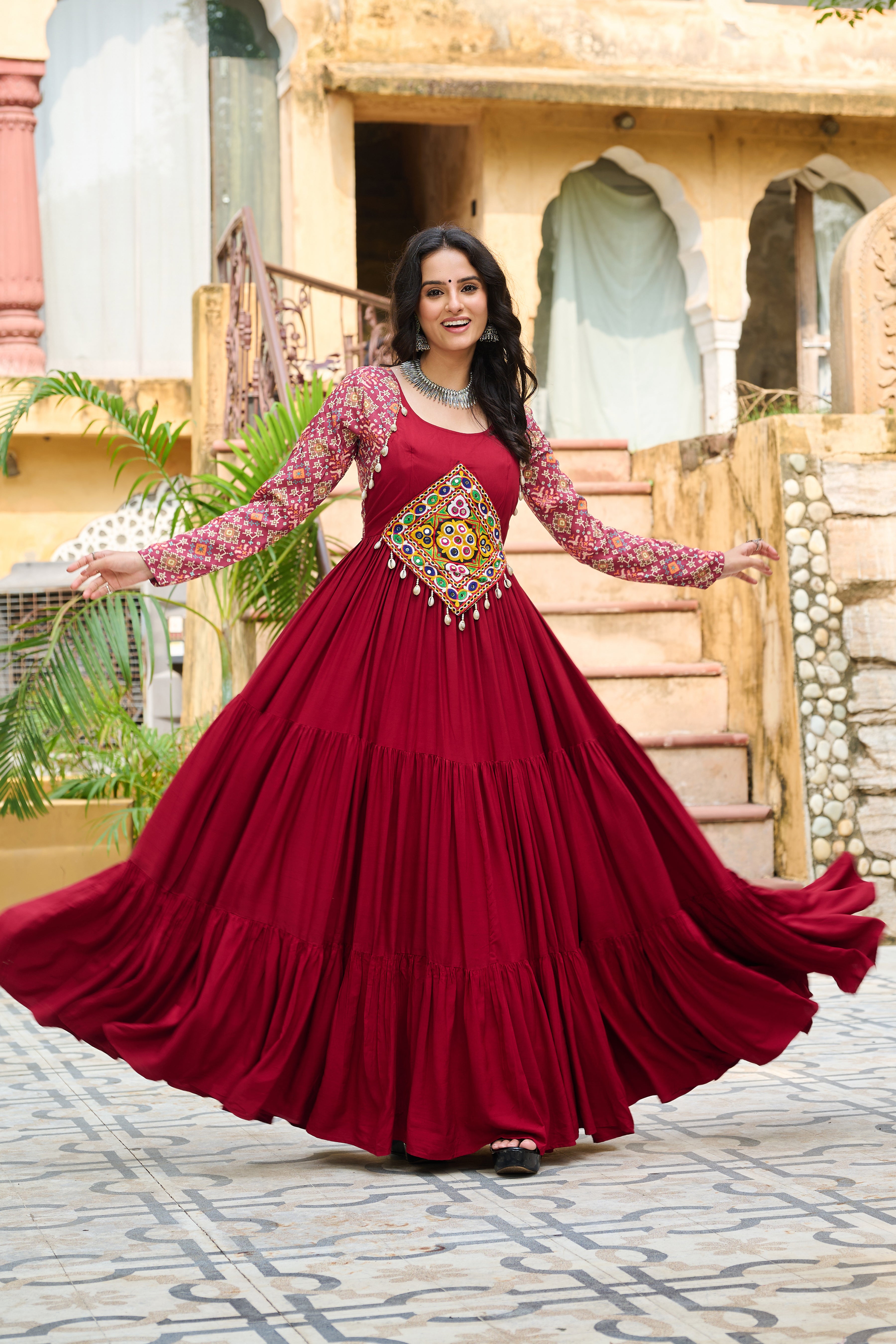 Boho Tiered Anarkali Dress with Kutch Embroidered Yoke & Jacket