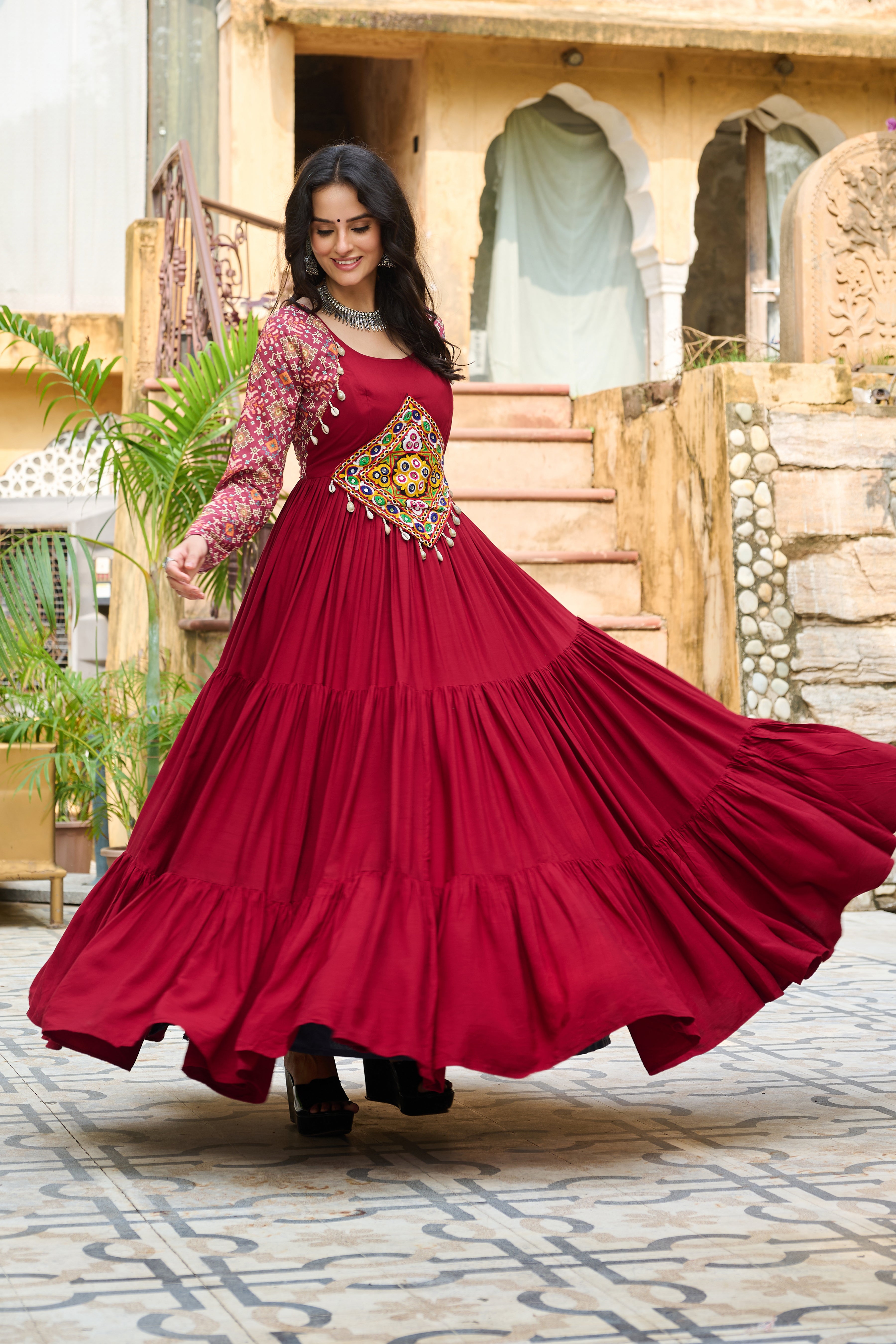 Boho Tiered Anarkali Dress with Kutch Embroidered Yoke & Jacket