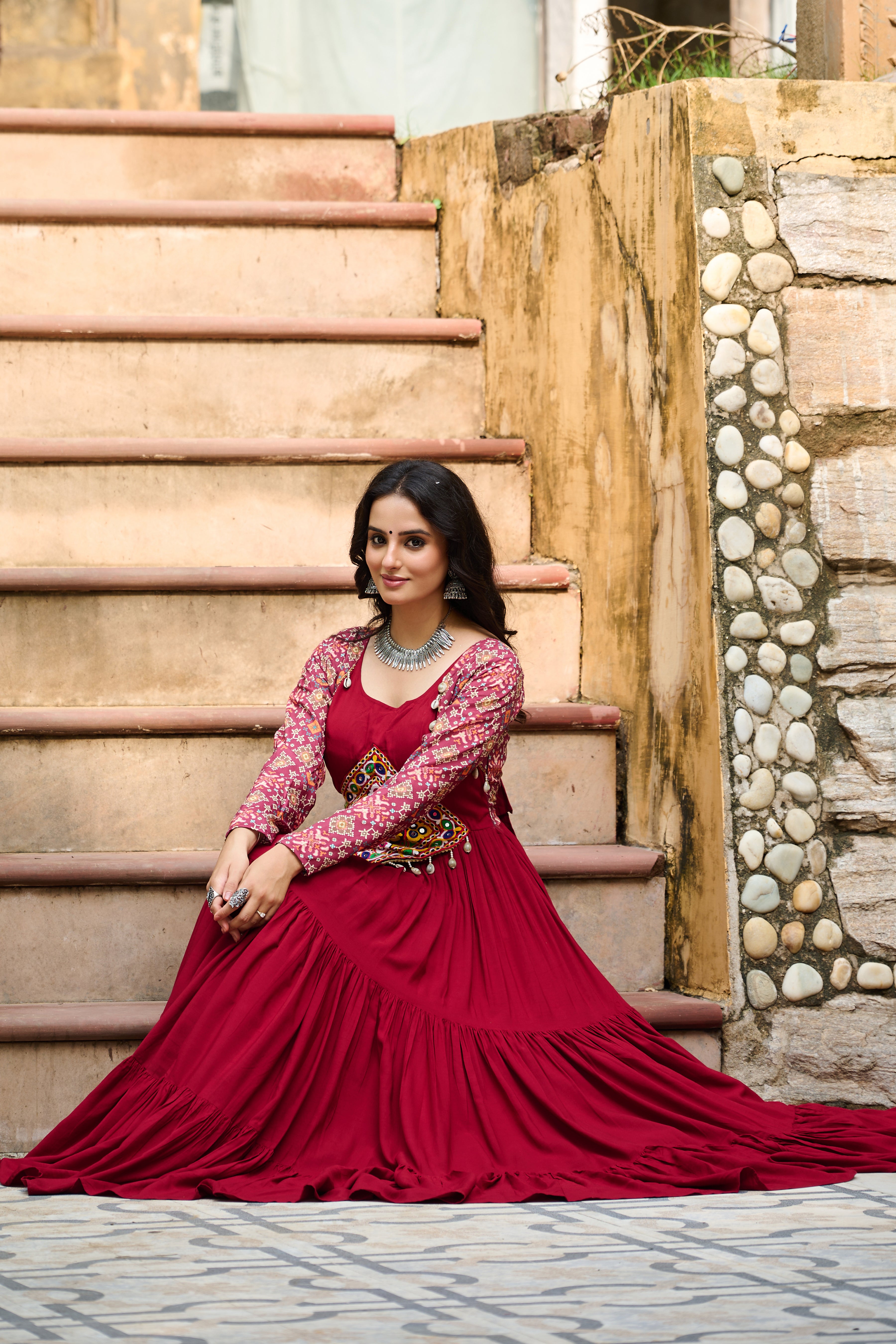 Boho Tiered Anarkali Dress with Kutch Embroidered Yoke & Jacket
