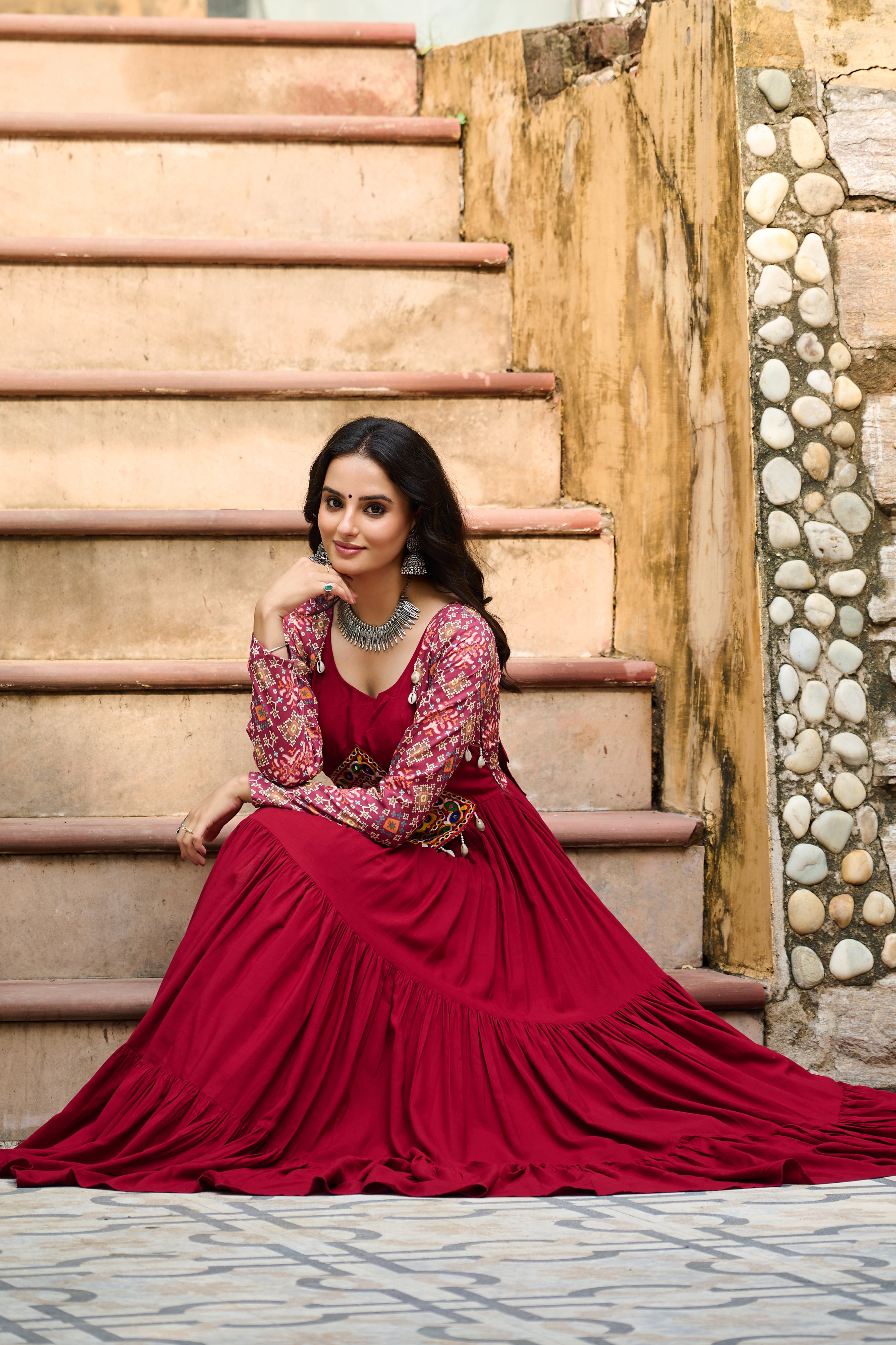 Boho Tiered Anarkali Dress with Kutch Embroidered Yoke & Jacket