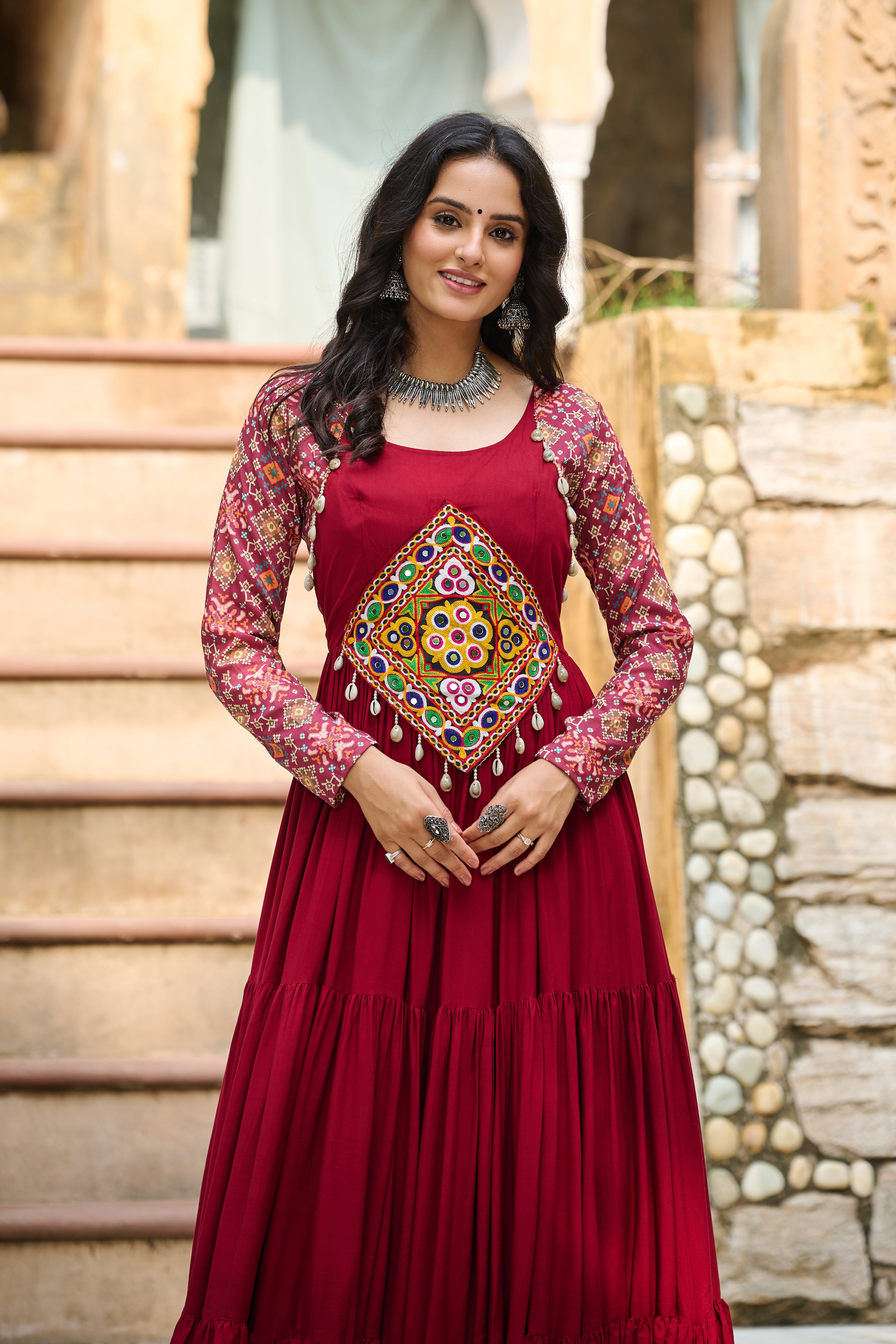 Boho Tiered Anarkali Dress with Kutch Embroidered Yoke & Jacket