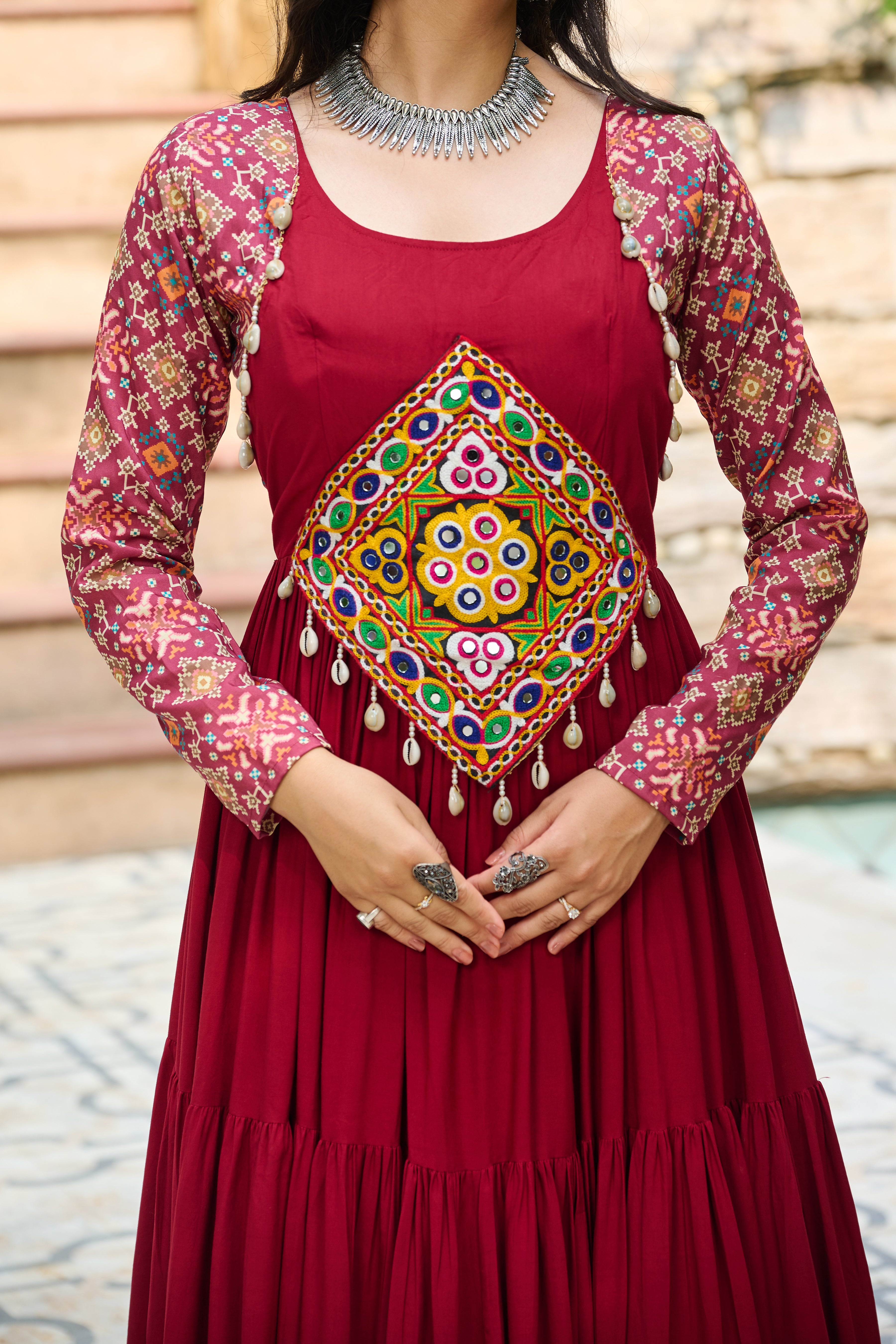 Boho Tiered Anarkali Dress with Kutch Embroidered Yoke & Jacket