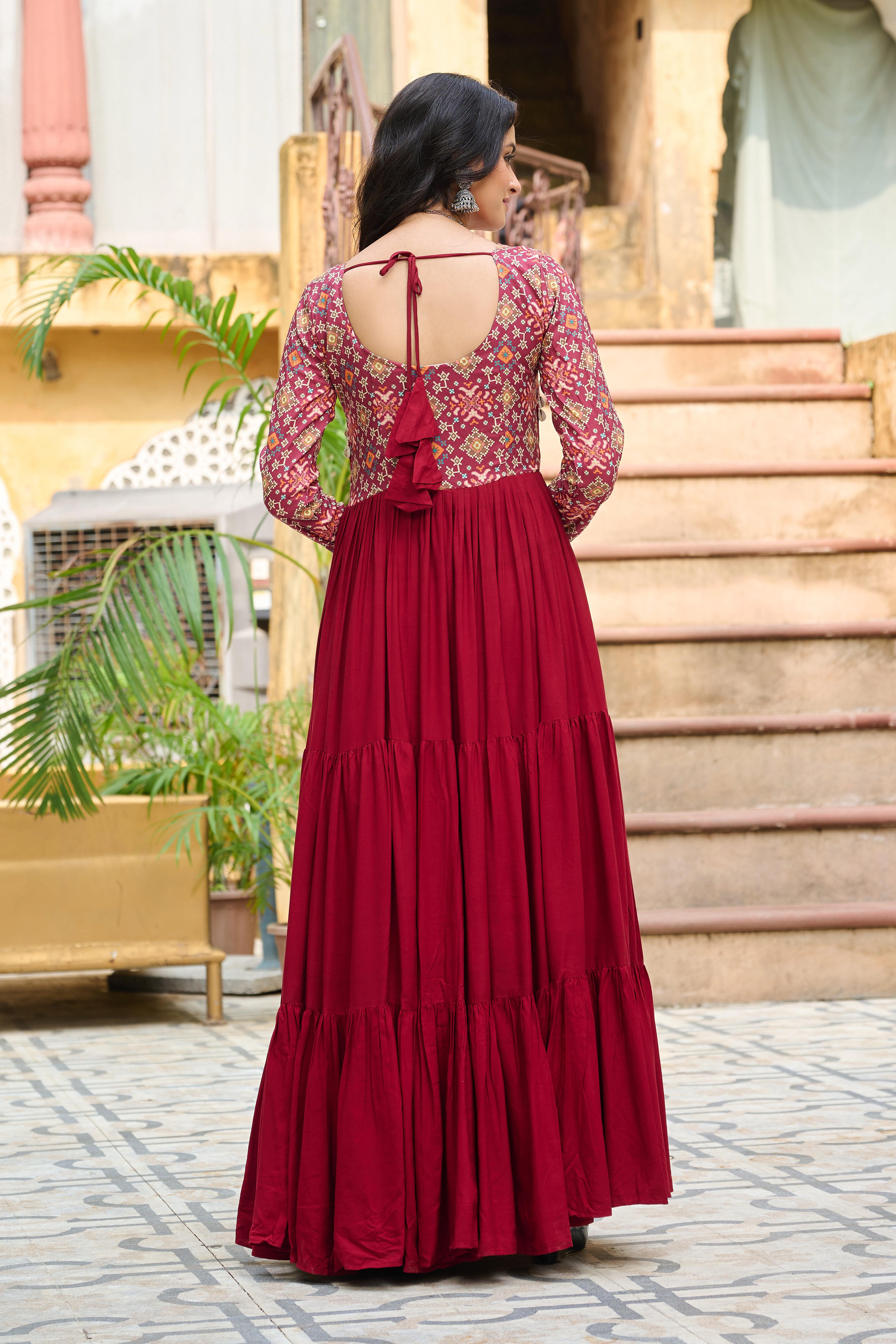Boho Tiered Anarkali Dress with Kutch Embroidered Yoke & Jacket