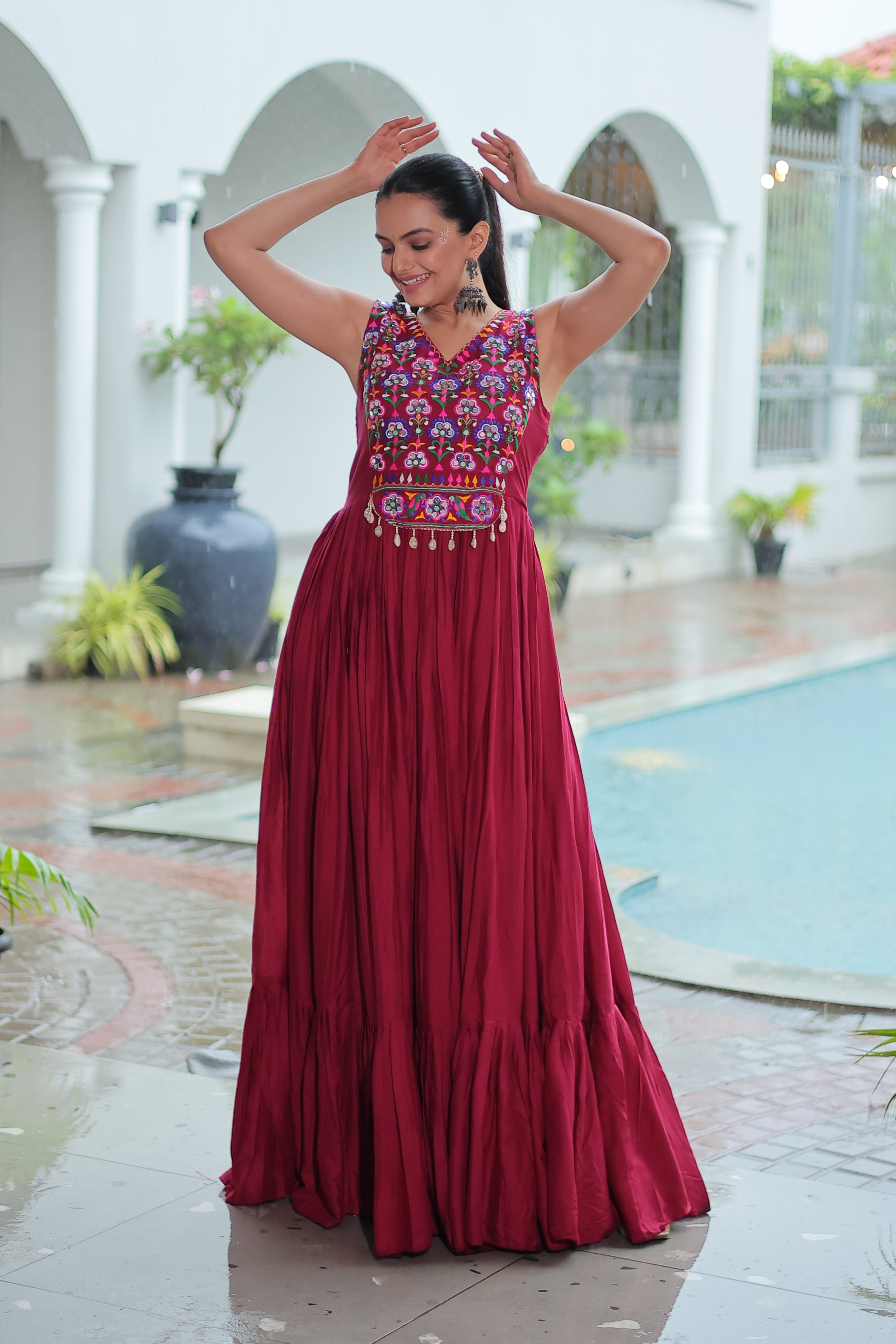 Embroidered Sleeveless Flared Anarkali Gown