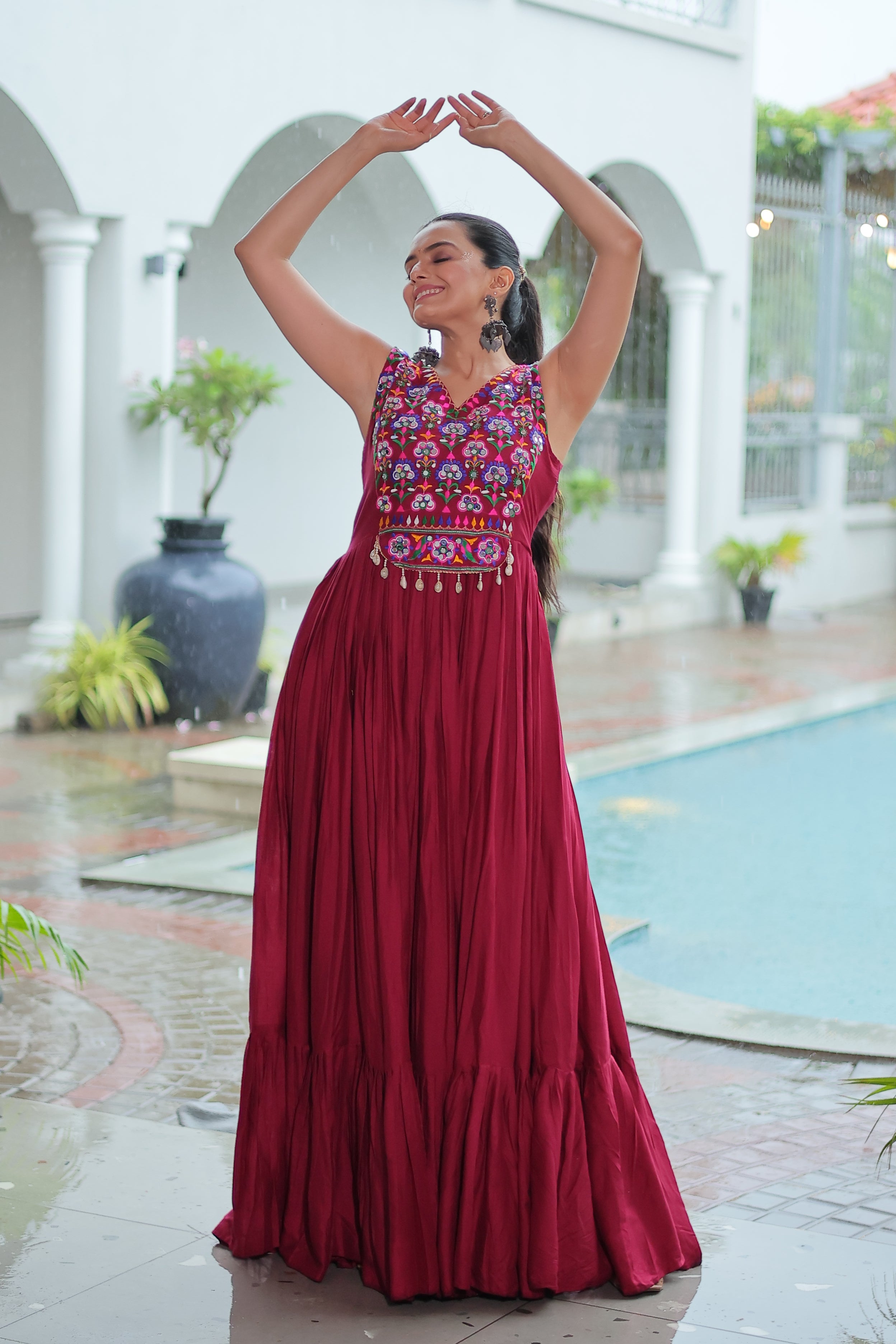 Embroidered Sleeveless Flared Anarkali Gown