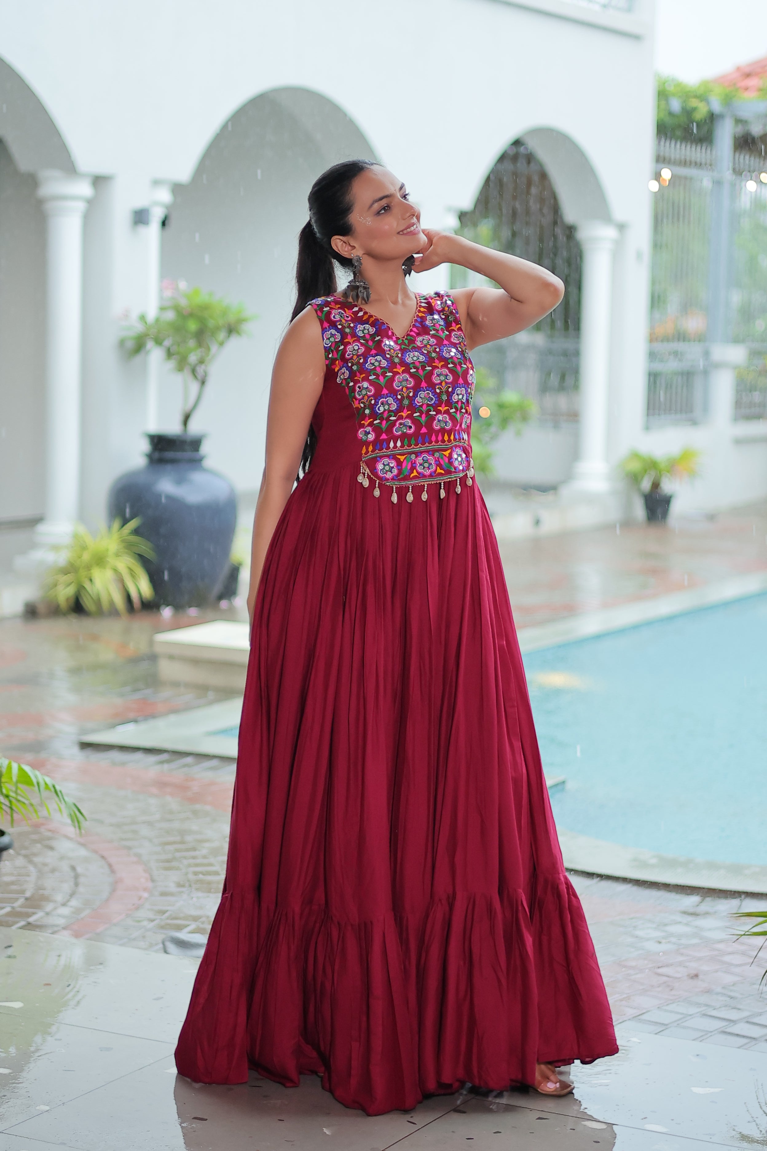 Embroidered Sleeveless Flared Anarkali Gown