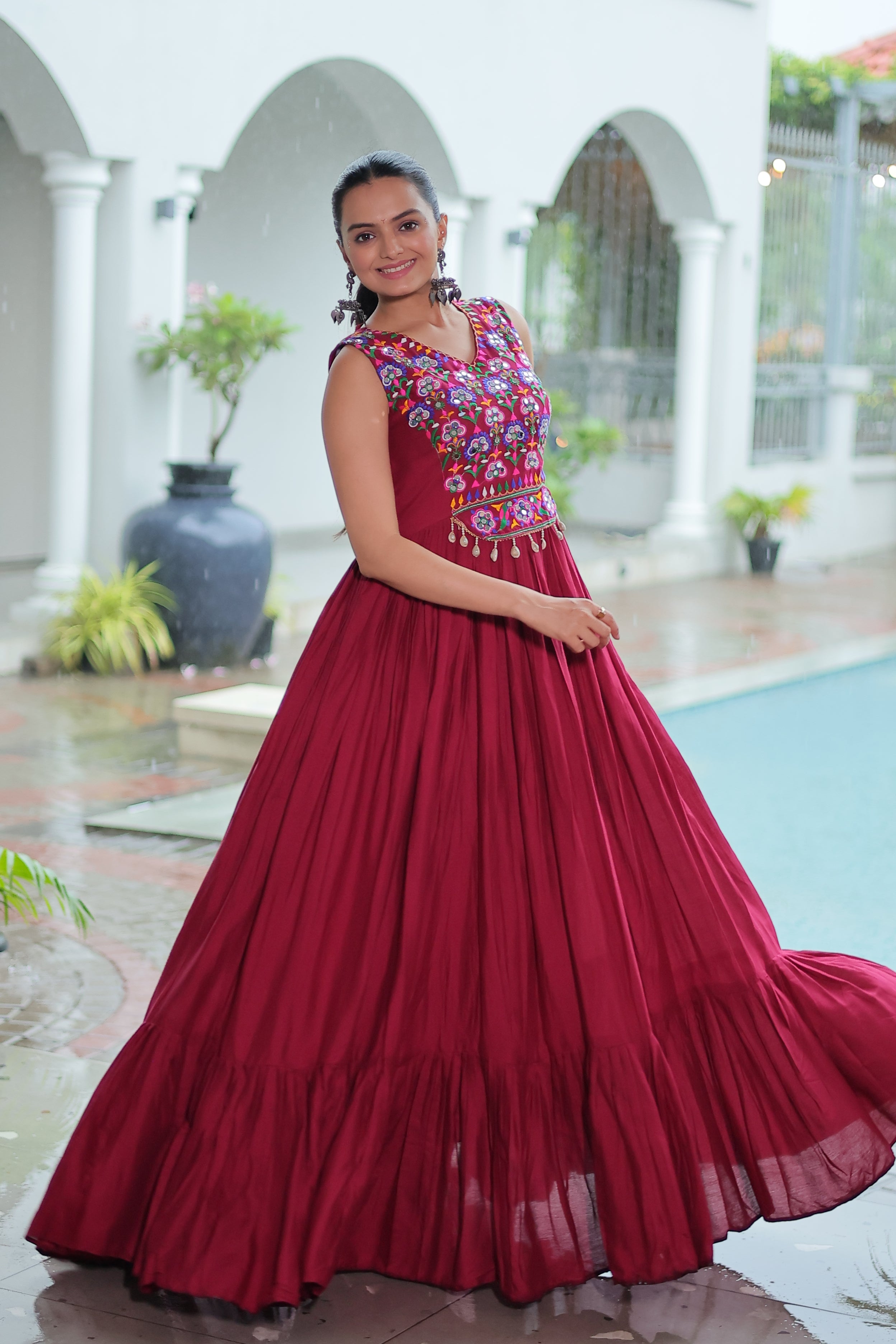 Embroidered Sleeveless Flared Anarkali Gown