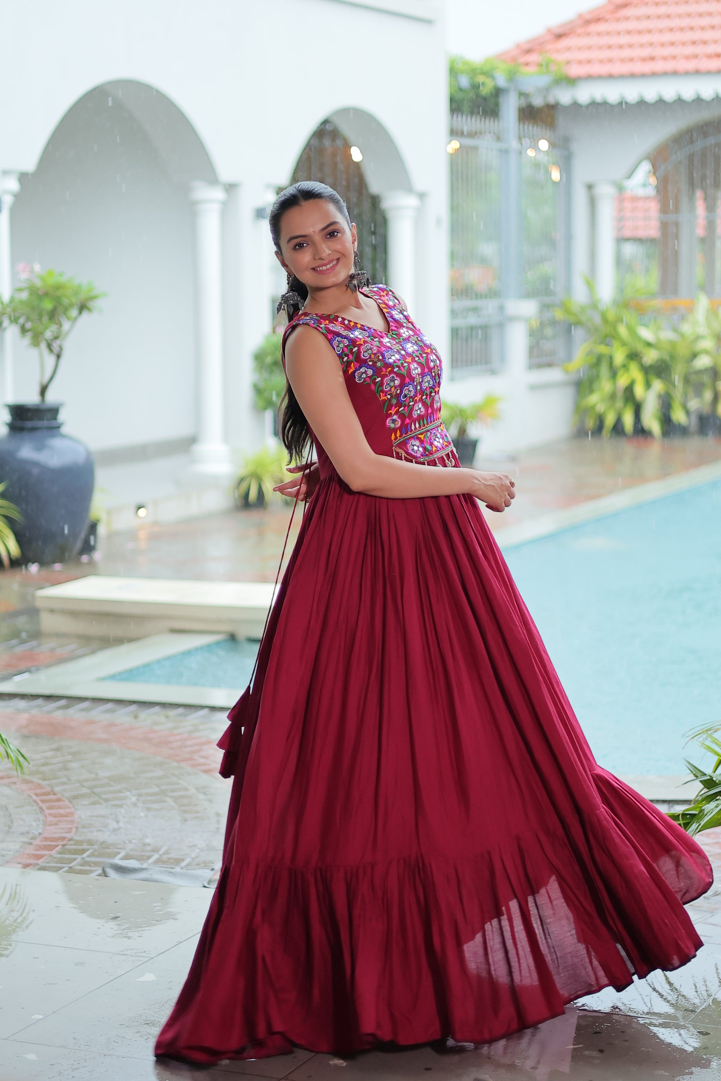 Embroidered Sleeveless Flared Anarkali Gown