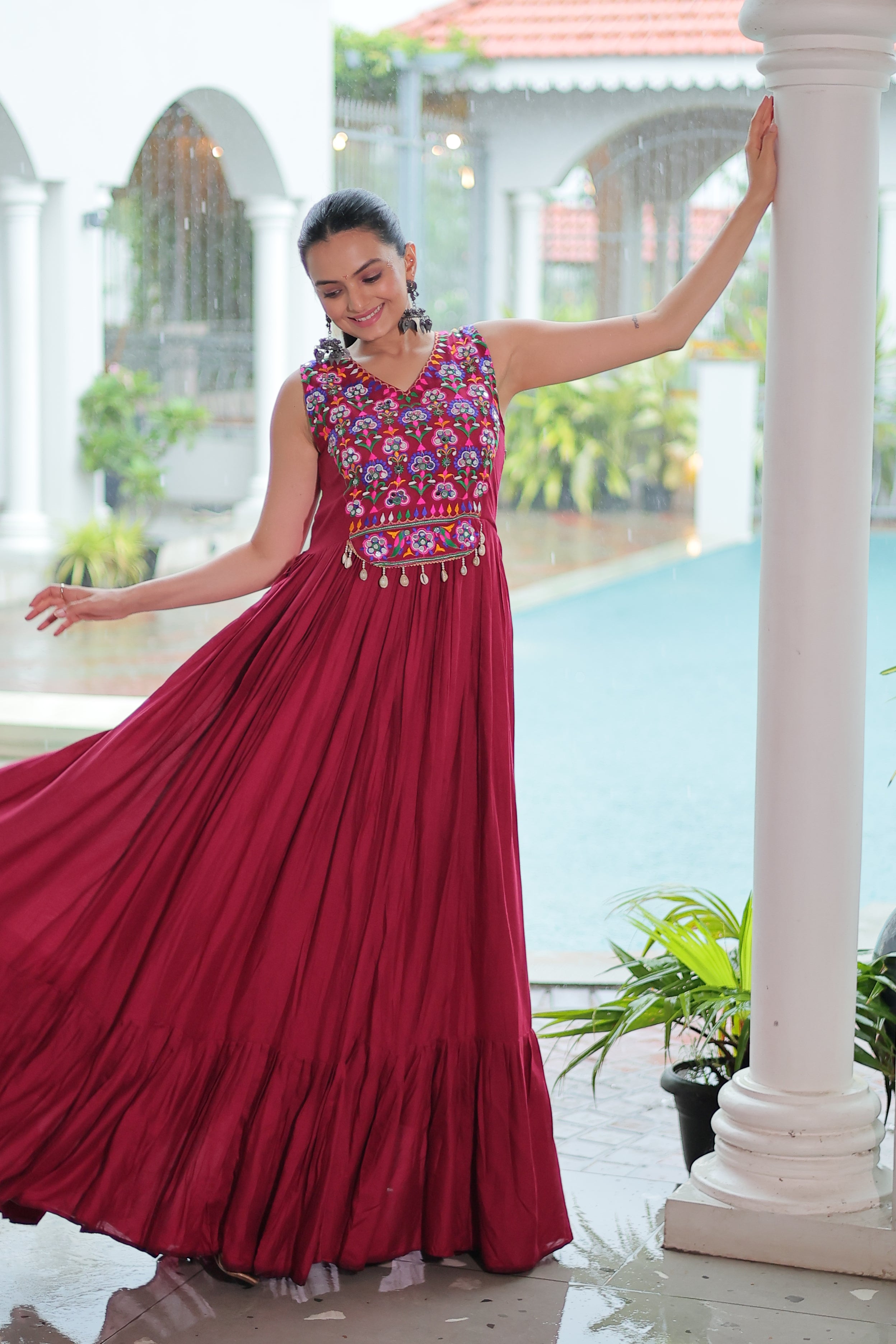 Embroidered Sleeveless Flared Anarkali Gown