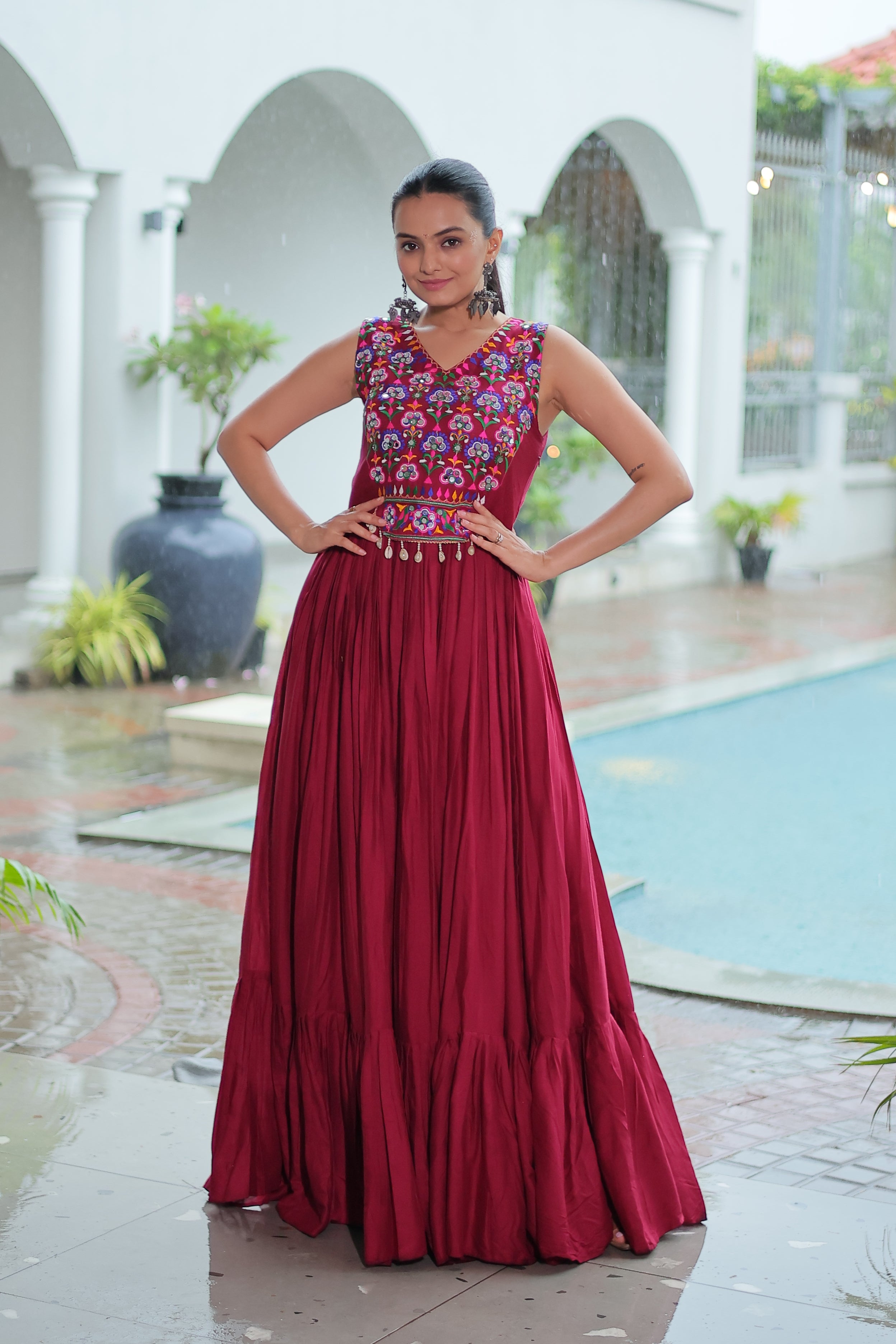 Embroidered Sleeveless Flared Anarkali Gown