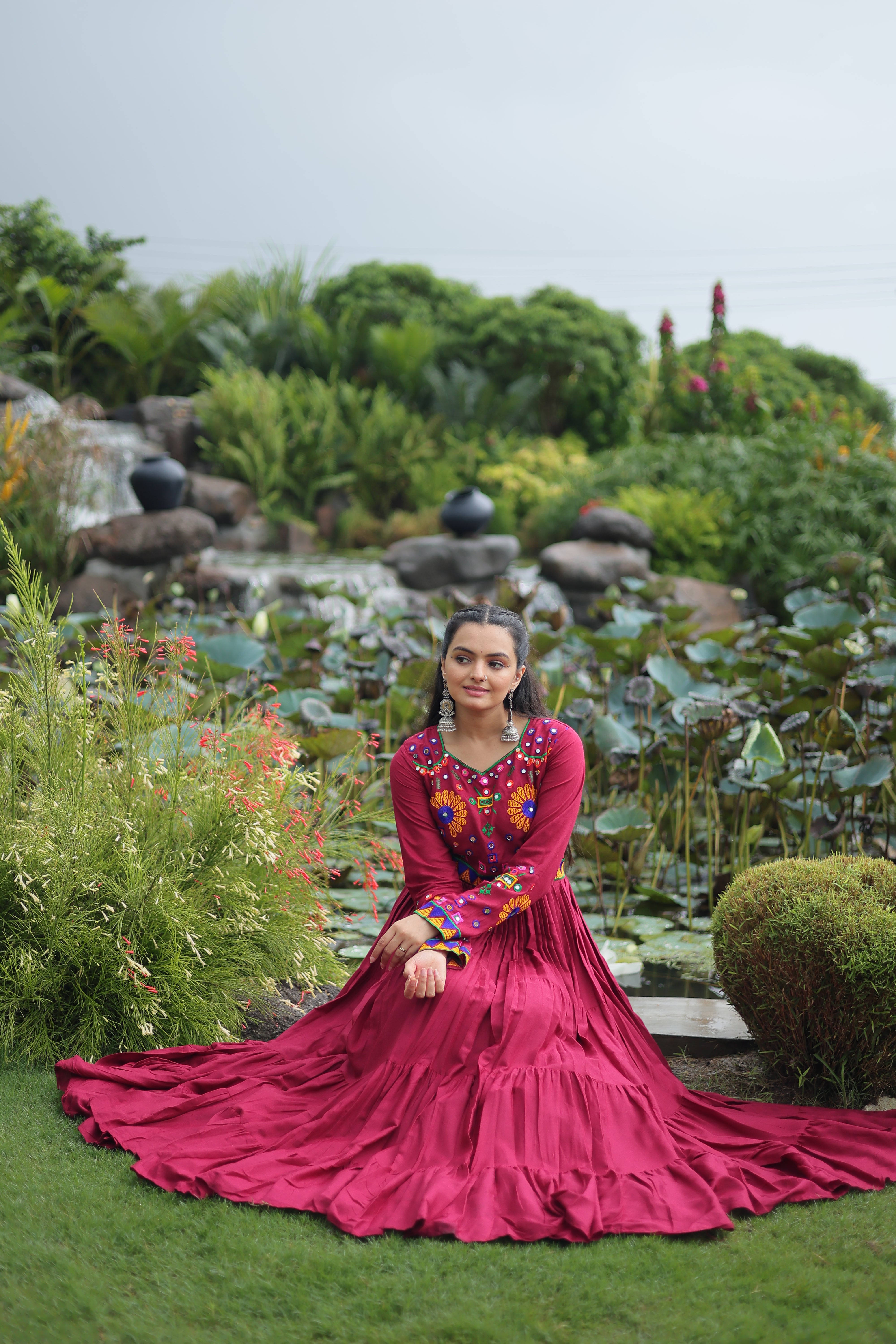 Flared Embroidered Anarkali Gown with Mirror Work Yoke