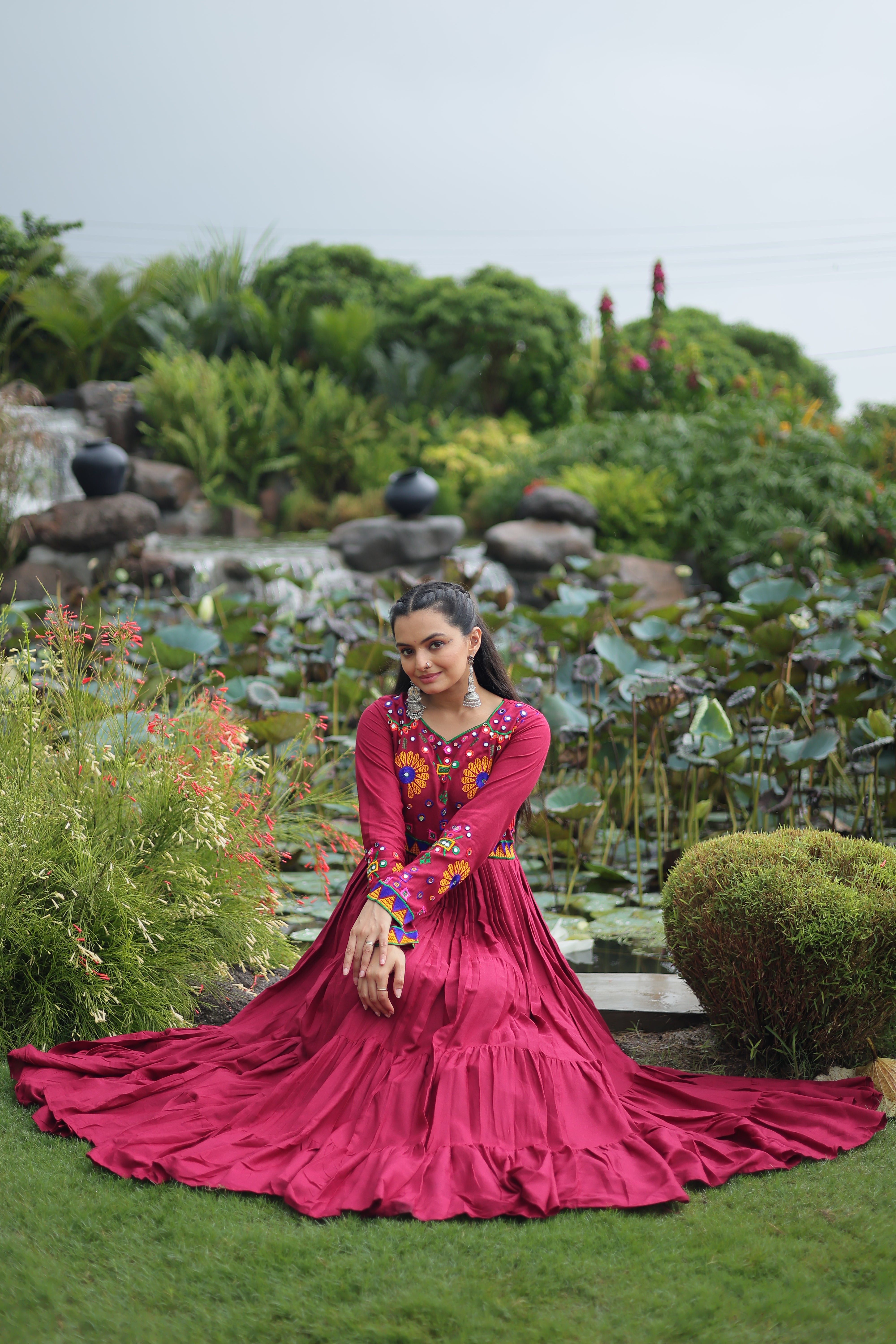 Flared Embroidered Anarkali Gown with Mirror Work Yoke