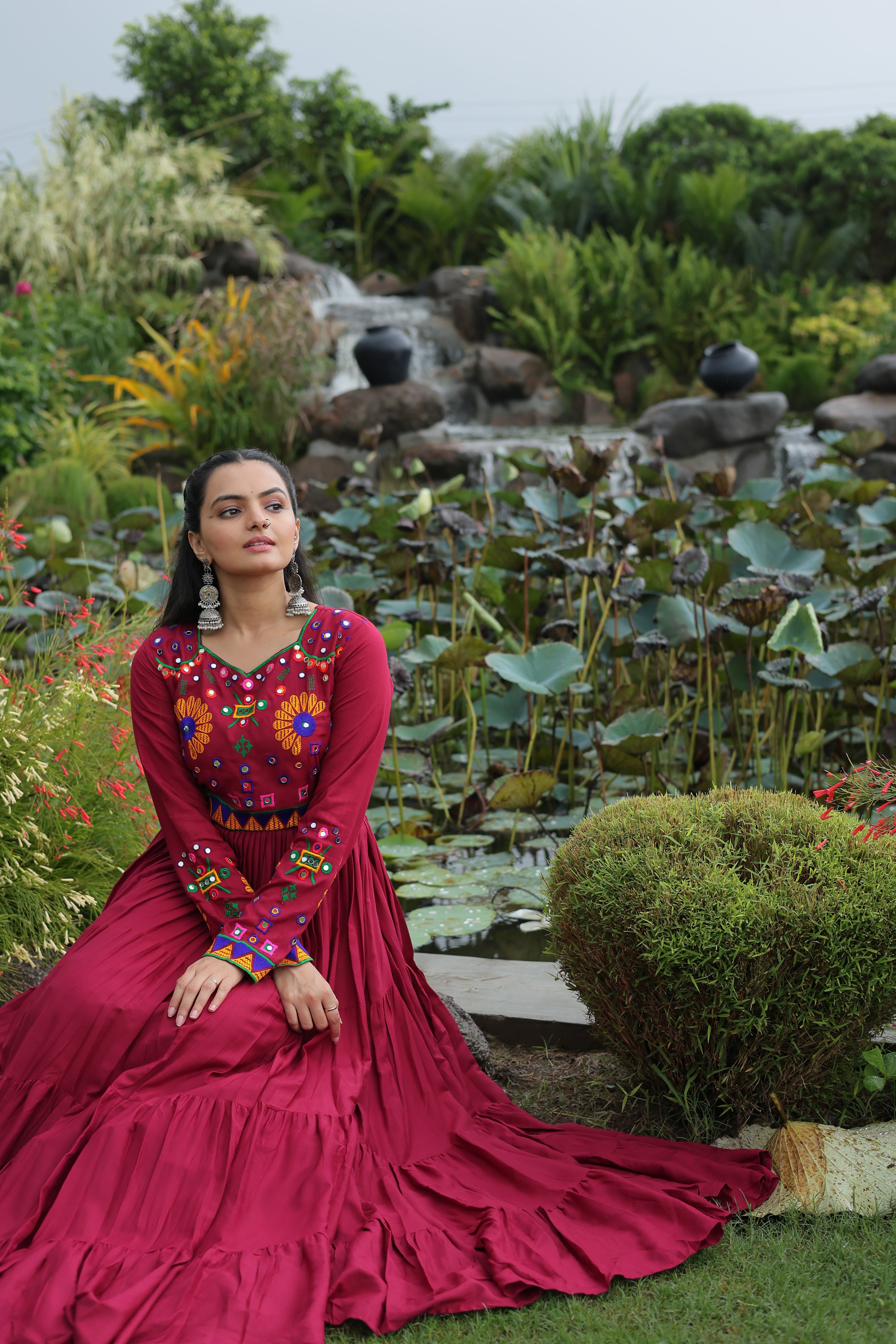 Flared Embroidered Anarkali Gown with Mirror Work Yoke