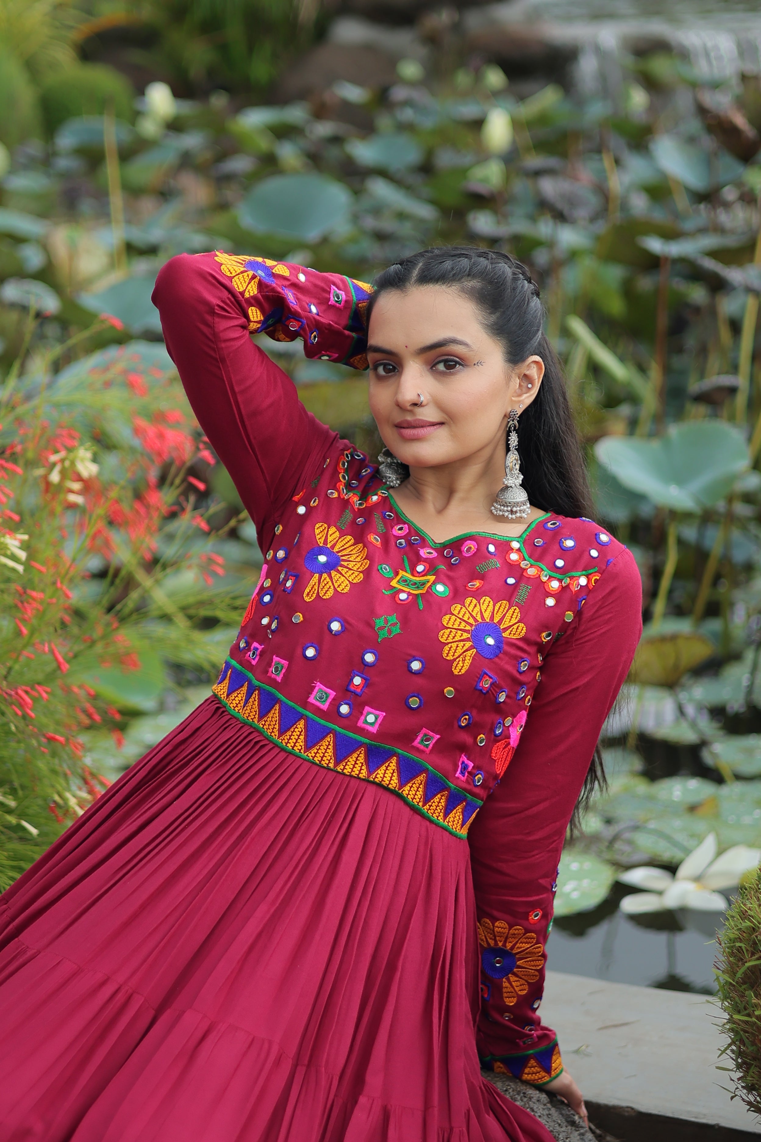 Flared Embroidered Anarkali Gown with Mirror Work Yoke