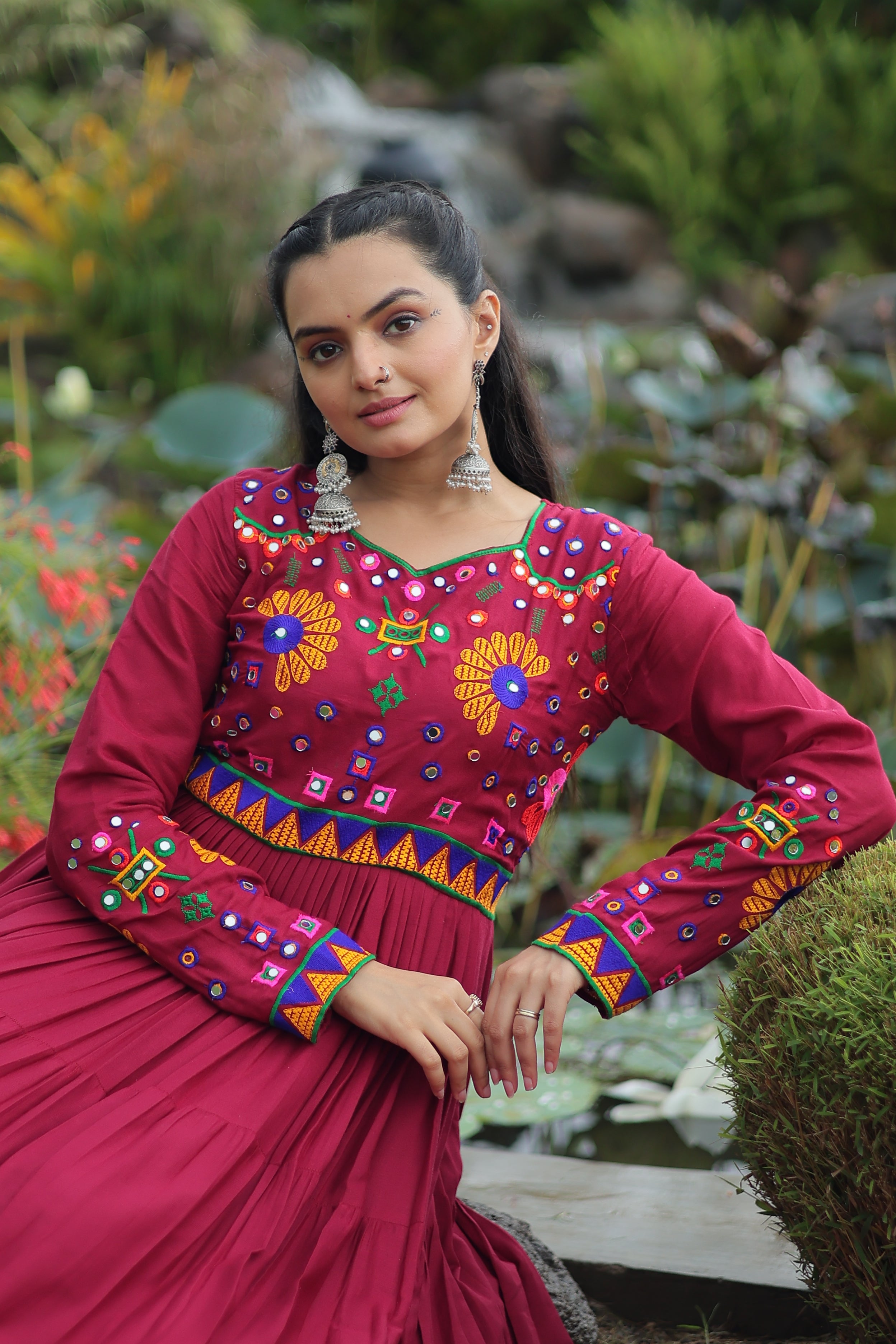 Flared Embroidered Anarkali Gown with Mirror Work Yoke