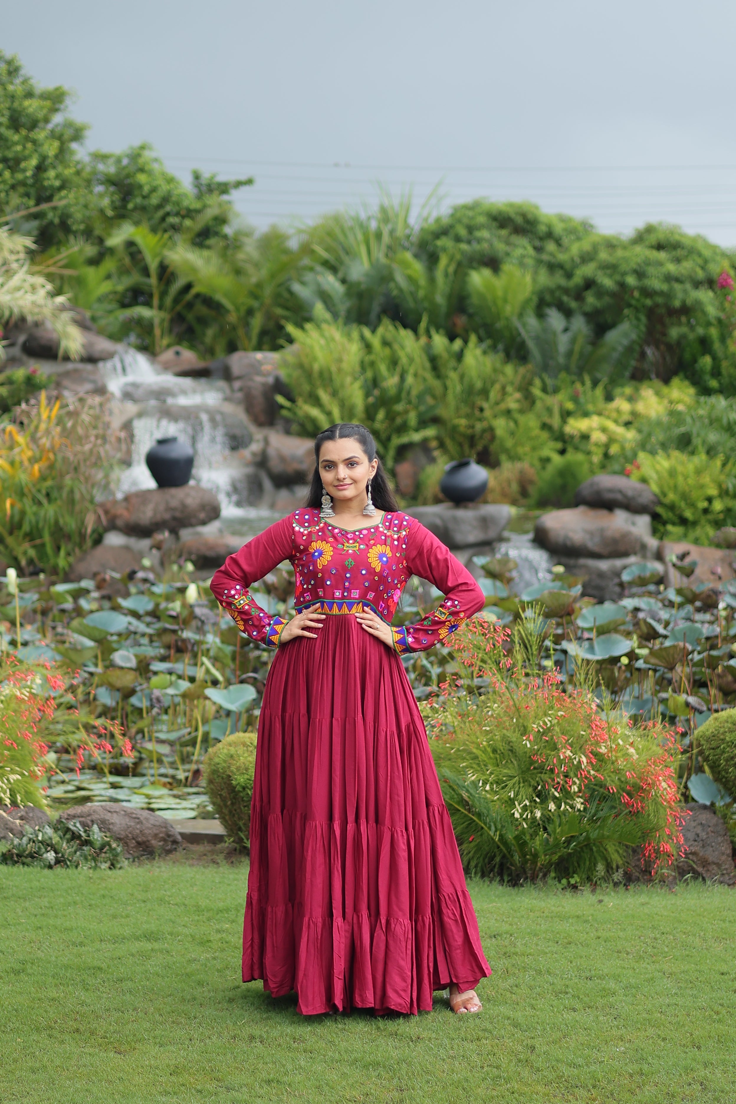 Flared Embroidered Anarkali Gown with Mirror Work Yoke