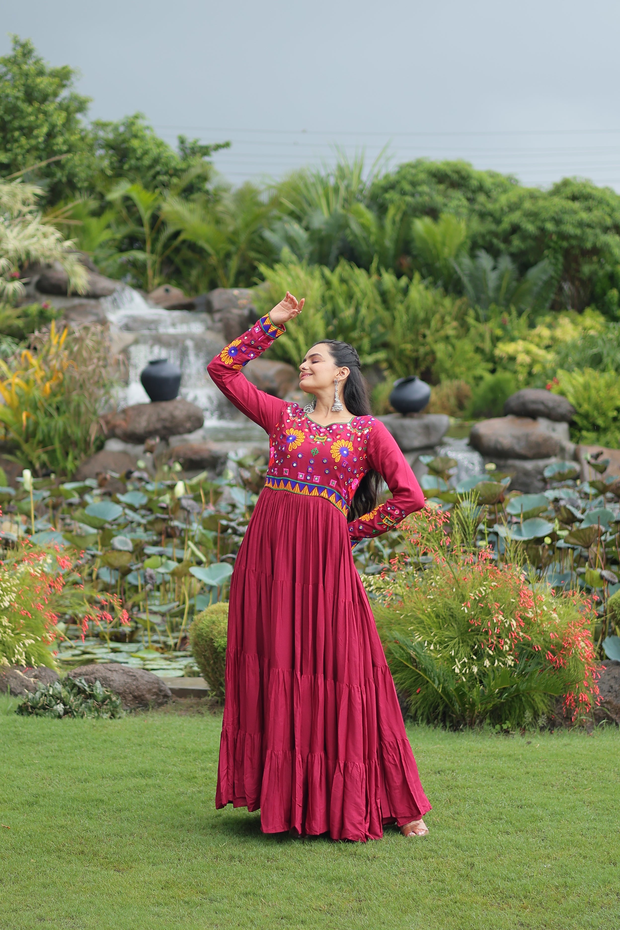 Flared Embroidered Anarkali Gown with Mirror Work Yoke