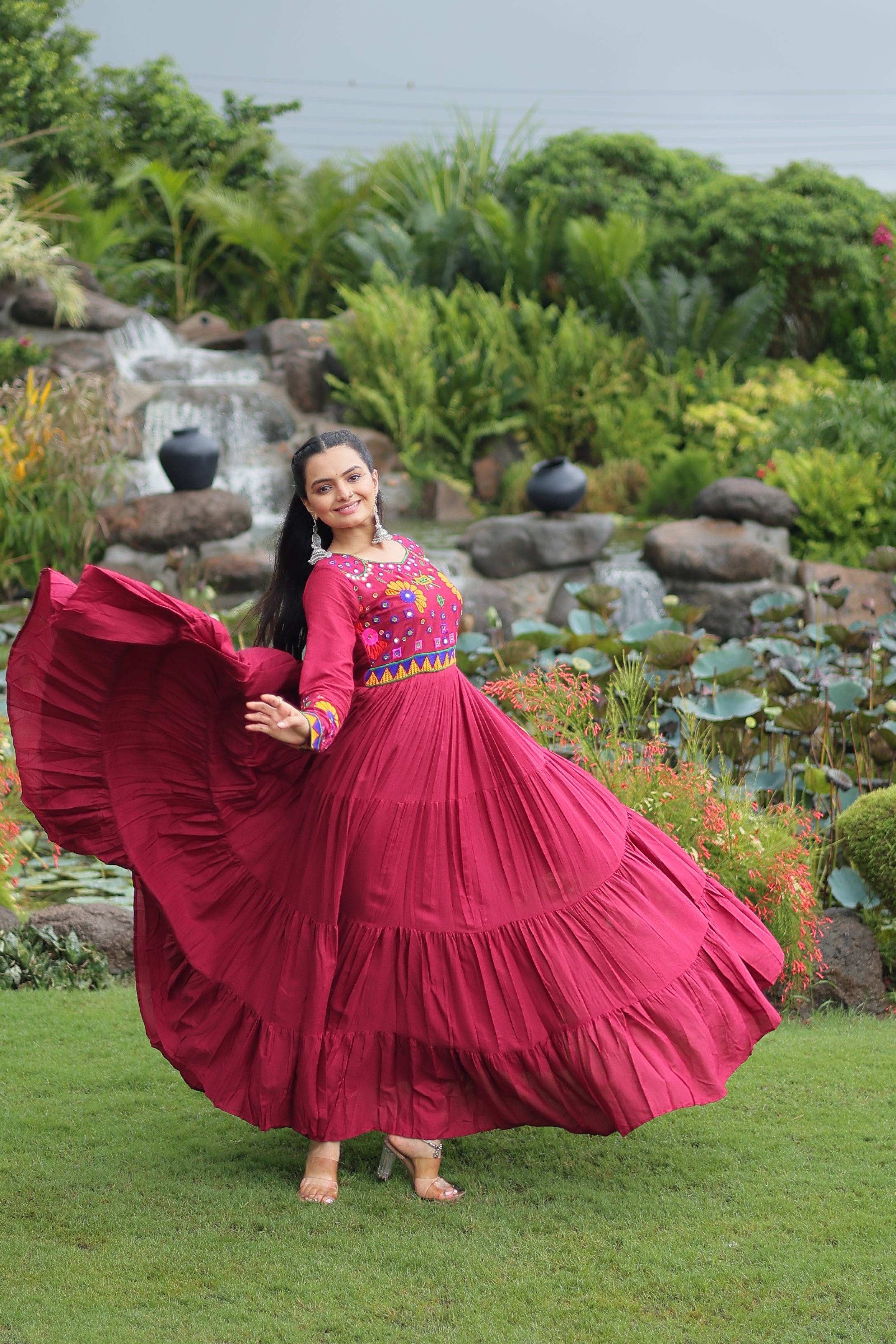 Flared Embroidered Anarkali Gown with Mirror Work Yoke