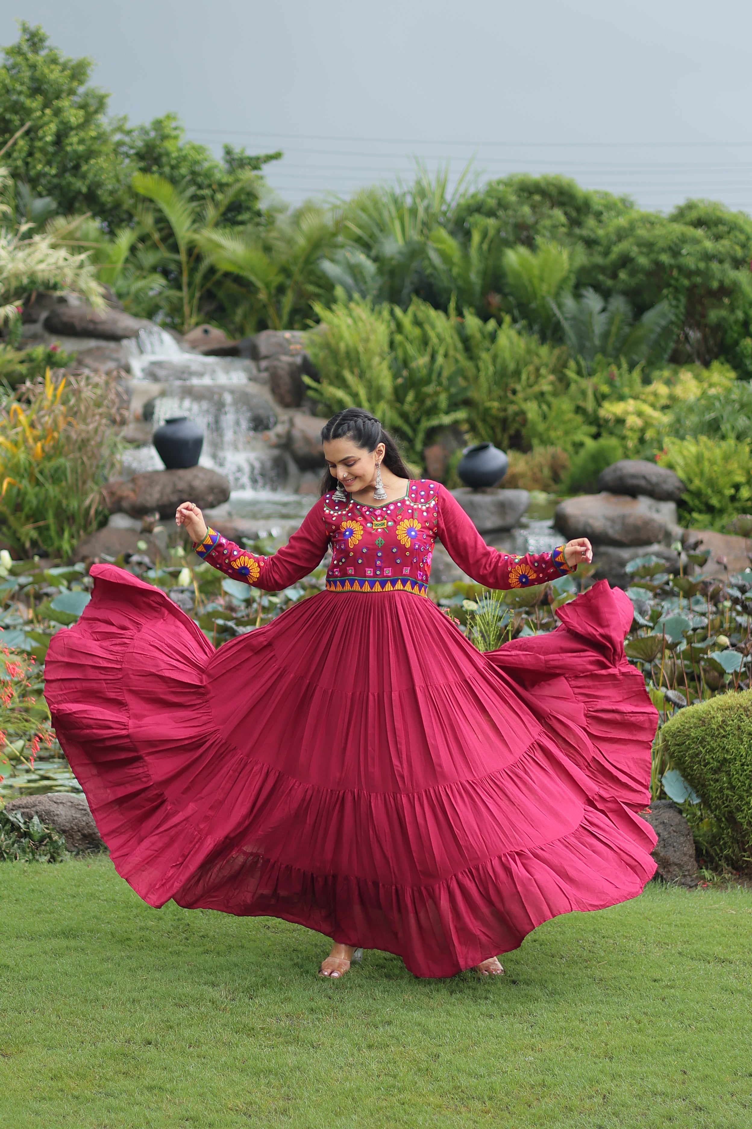 Flared Embroidered Anarkali Gown with Mirror Work Yoke