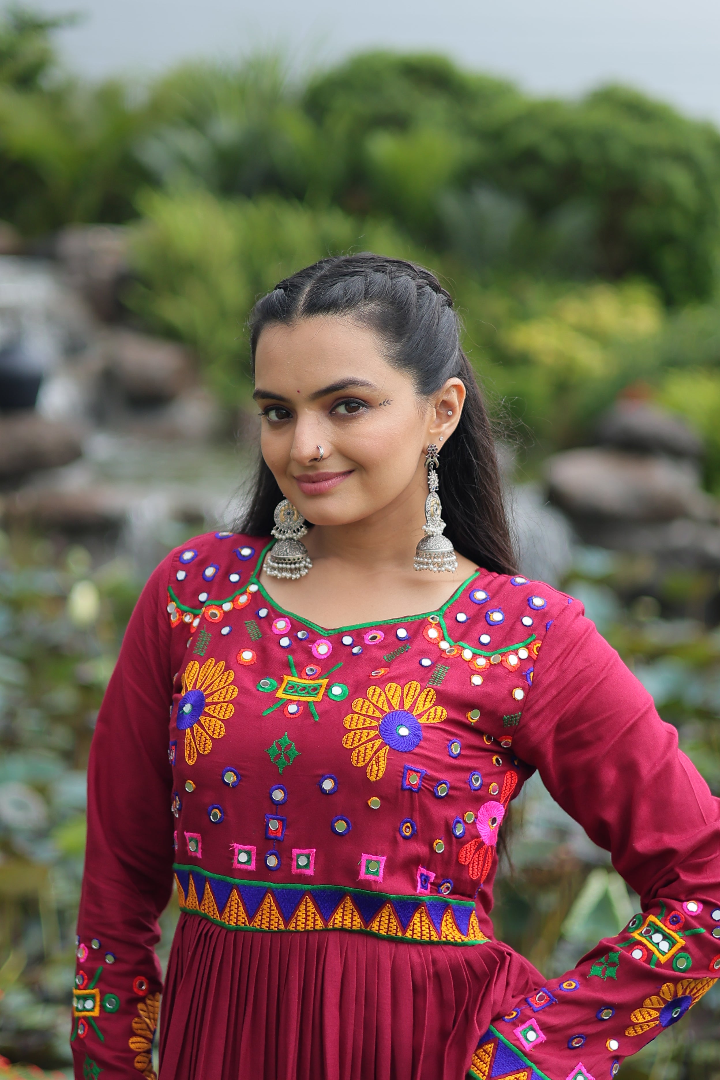 Flared Embroidered Anarkali Gown with Mirror Work Yoke