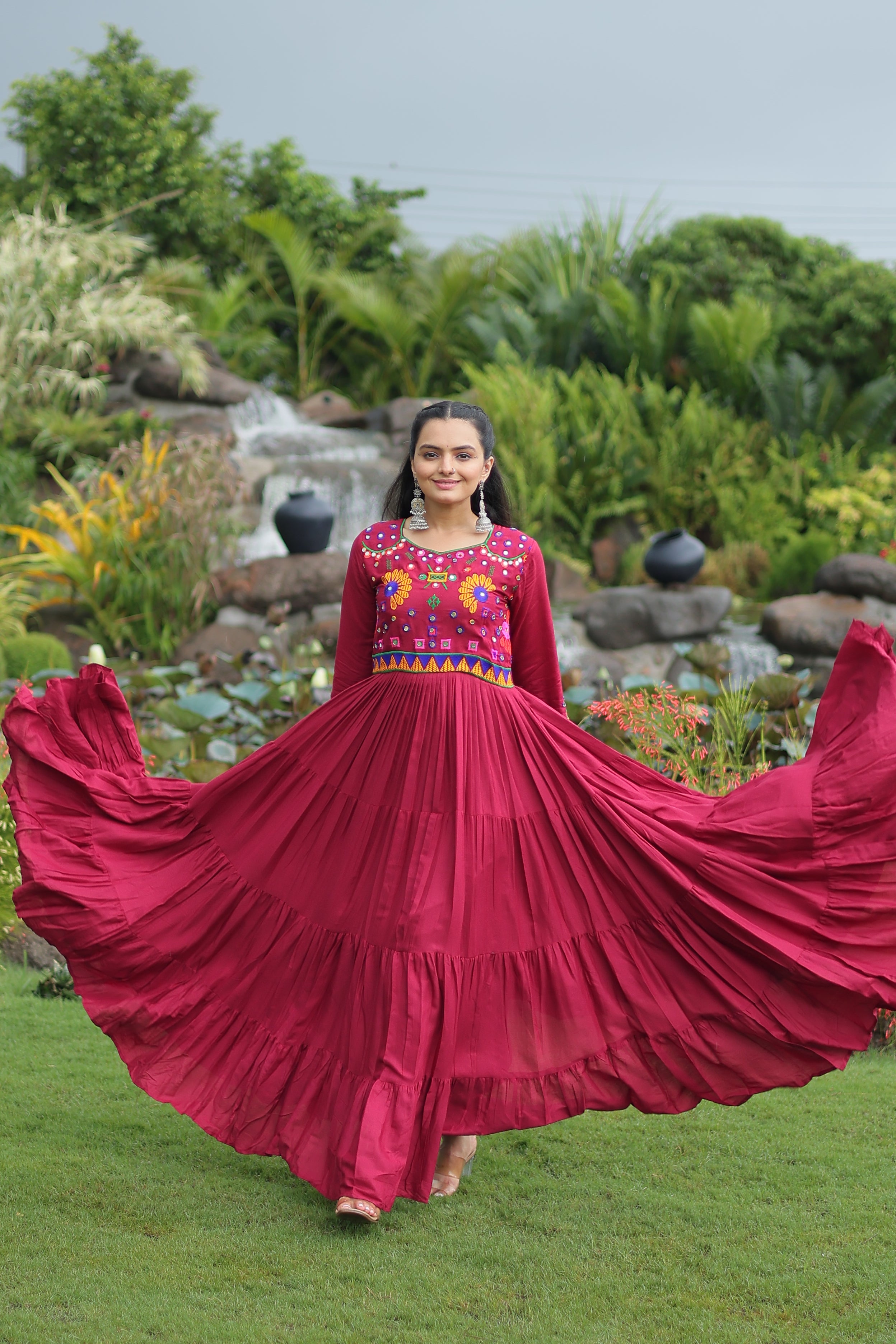 Flared Embroidered Anarkali Gown with Mirror Work Yoke