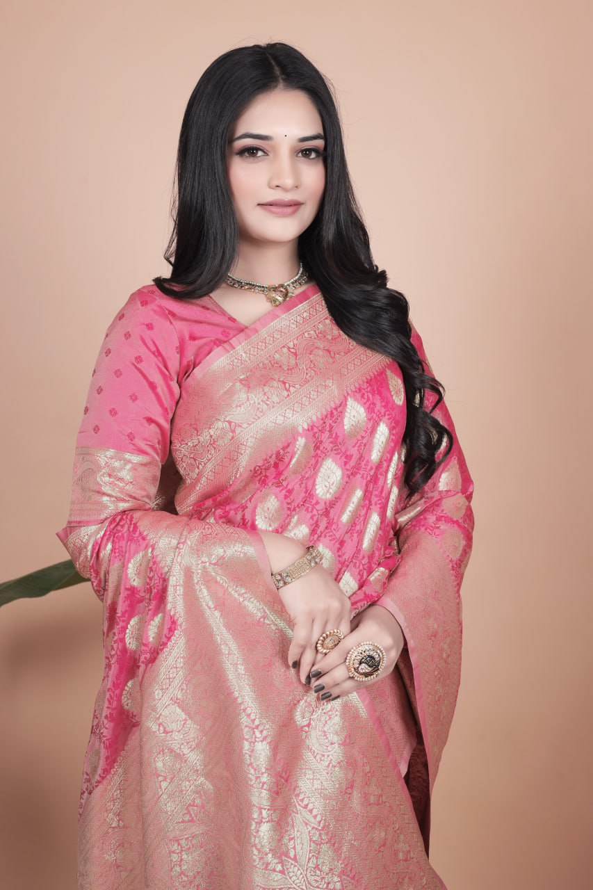 Rani Pink Banarasi Silk Saree with Golden Zari Weaving