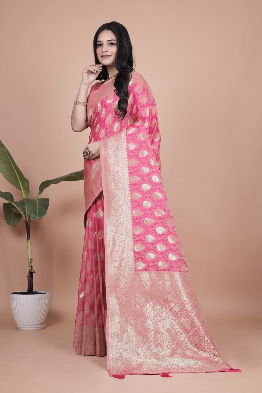 Rani Pink Banarasi Silk Saree with Golden Zari Weaving