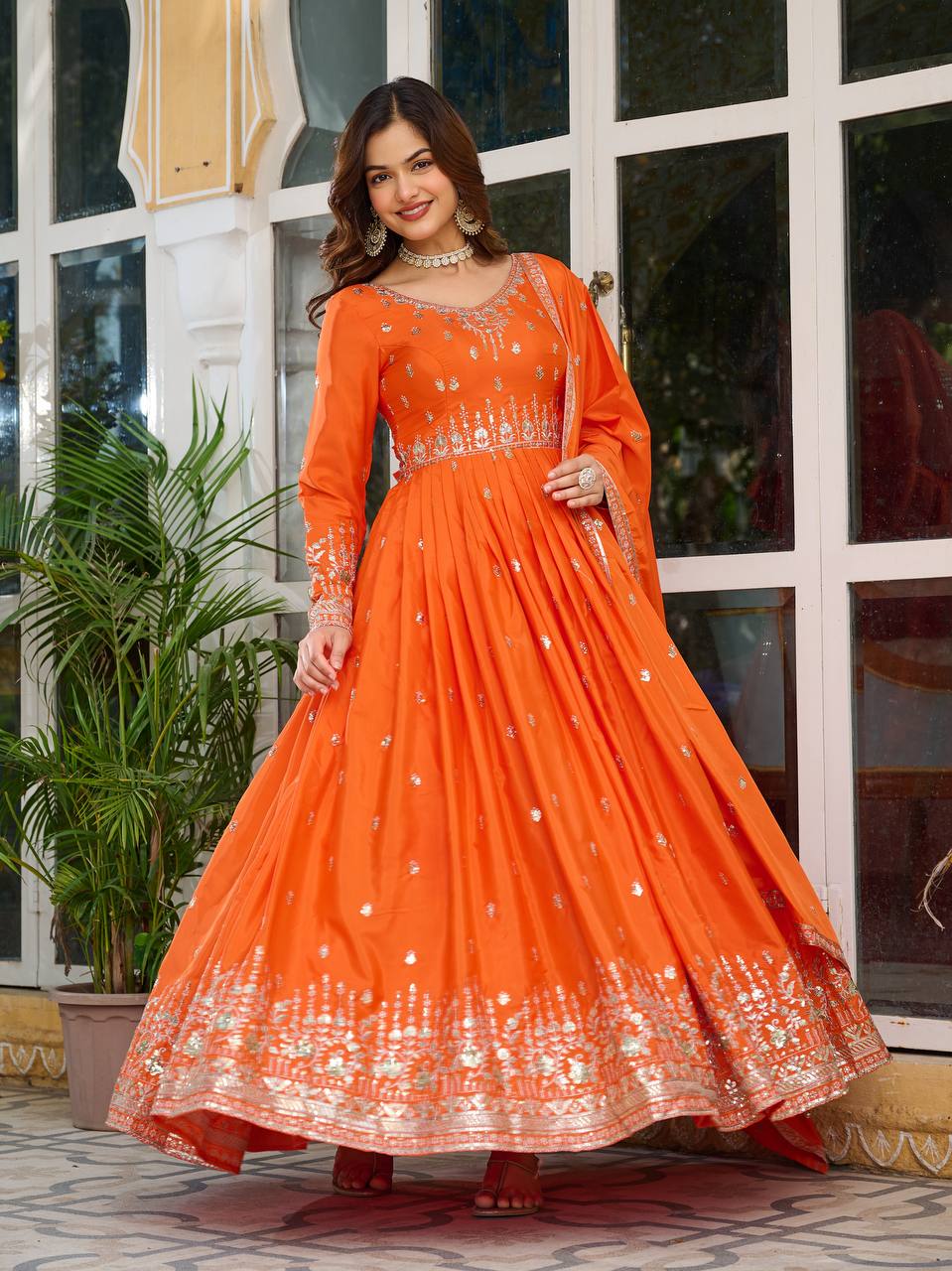 Embroidered Anarkali Gown Set with Dupatta