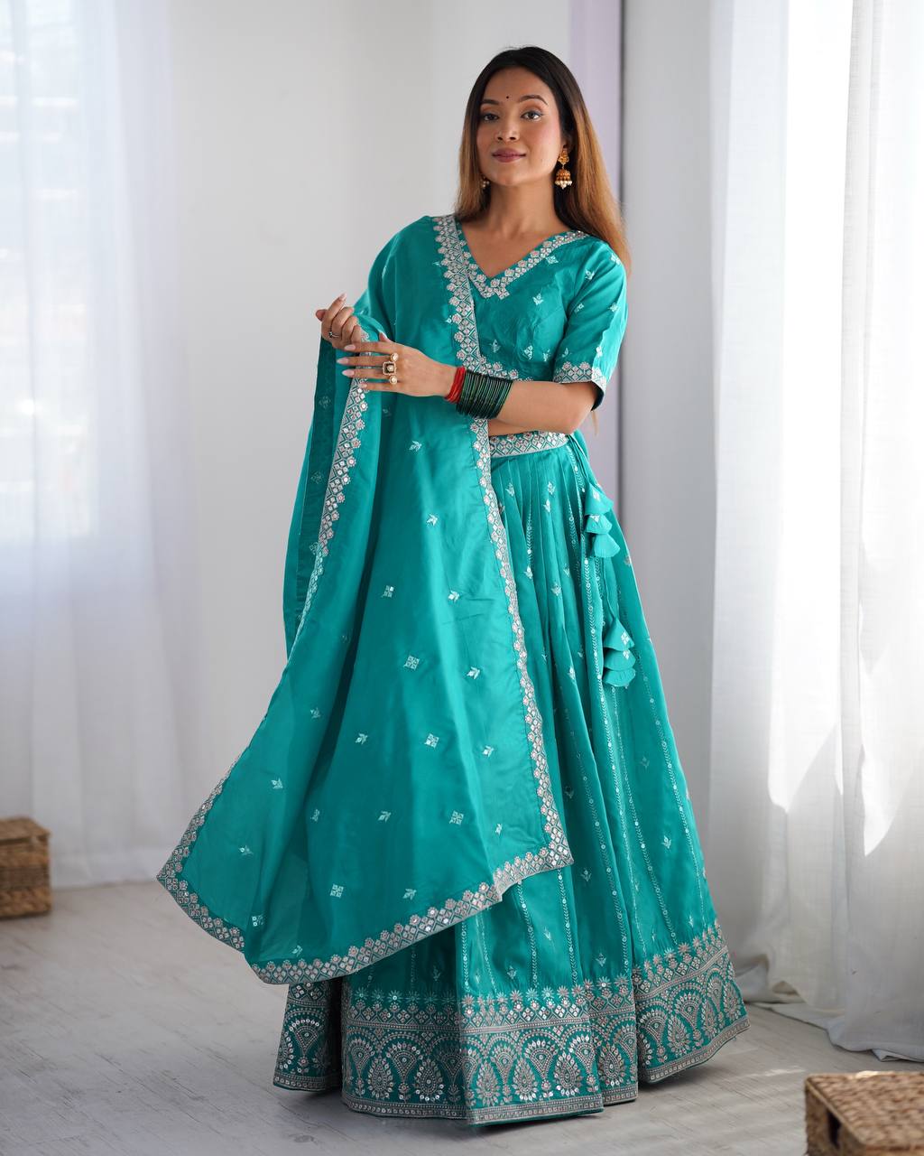 Teal Green Shimmer silk lehengha