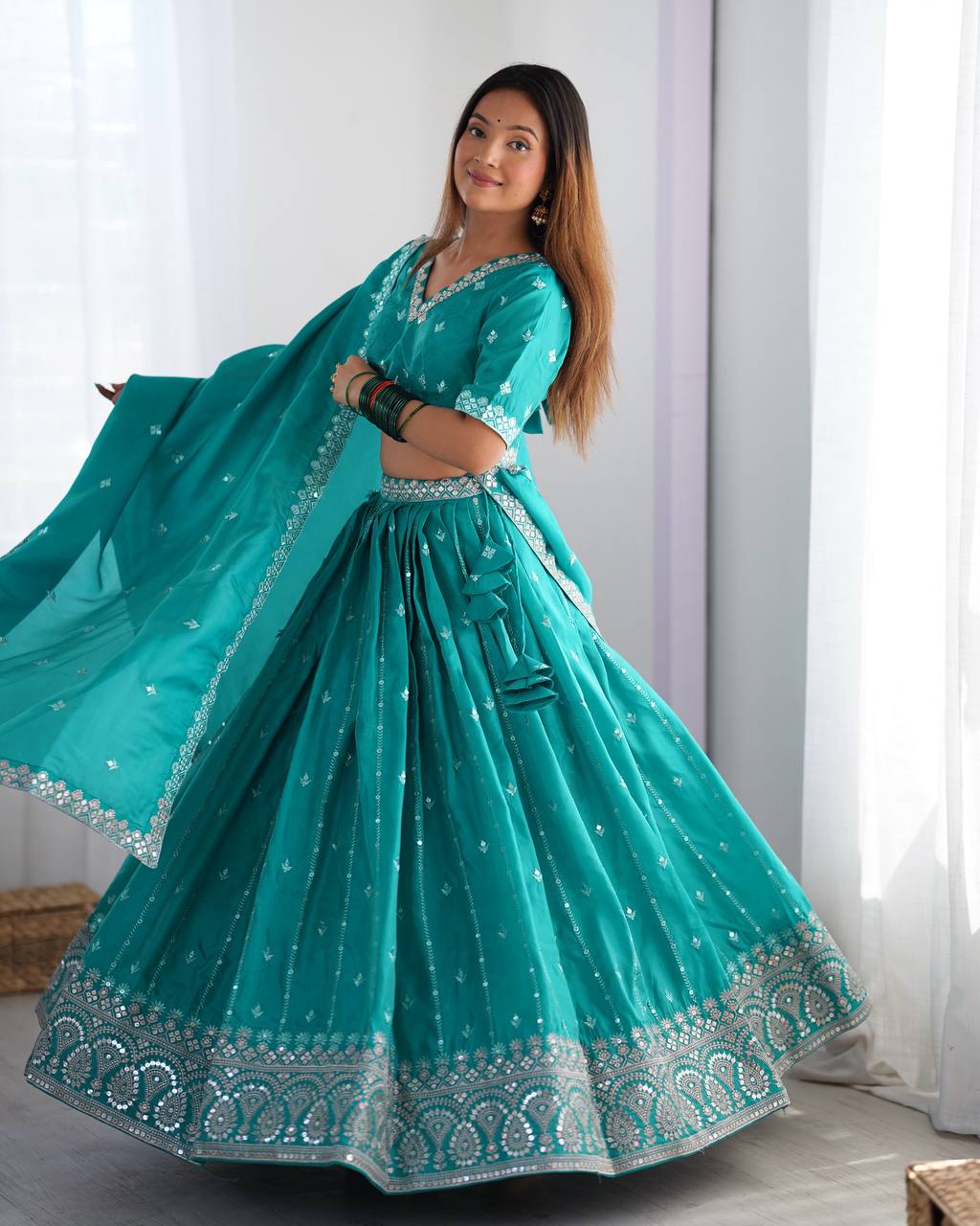 Teal Green Shimmer silk lehengha