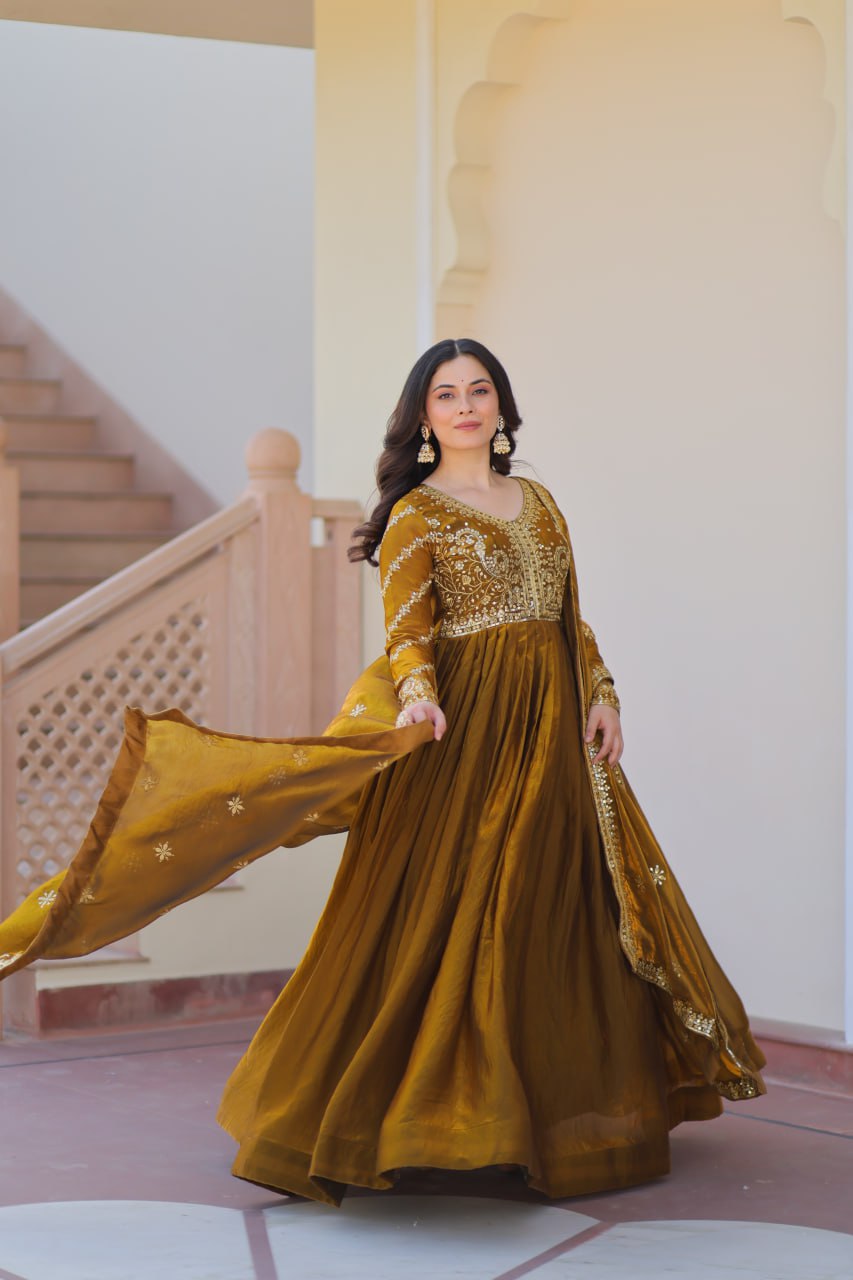 Fendy Fabric gown with Sequins-Multi Embroidered Work Dupatta