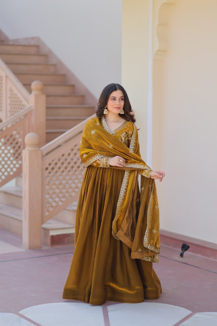 Fendy Fabric gown with Sequins-Multi Embroidered Work Dupatta