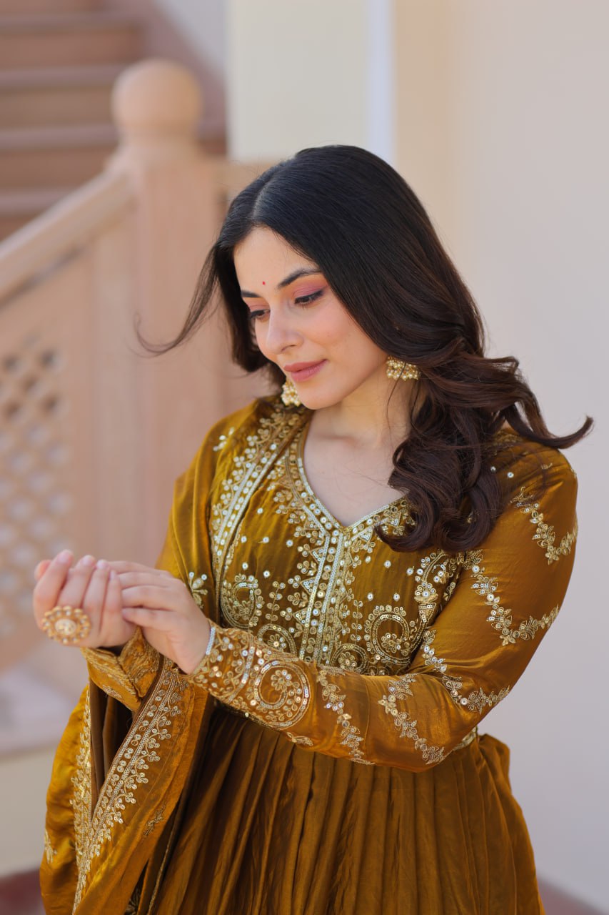 Fendy Fabric gown with Sequins-Multi Embroidered Work Dupatta