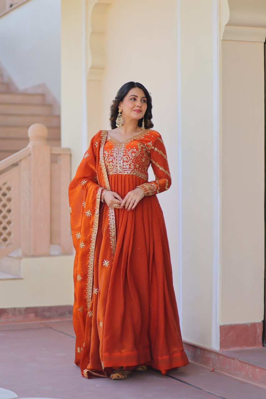 Fendy Fabric gown with Sequins-Multi Embroidered Work Dupatta