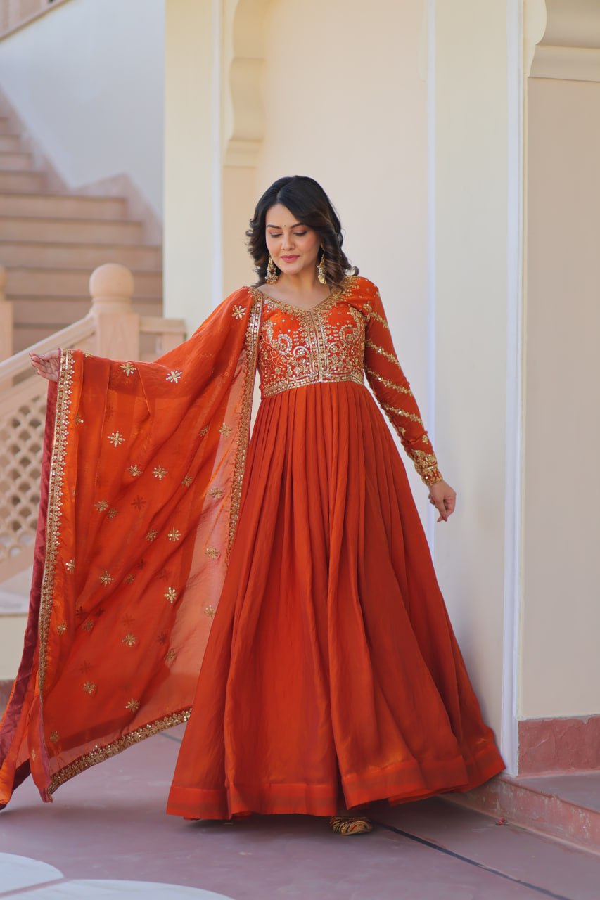 Fendy Fabric gown with Sequins-Multi Embroidered Work Dupatta
