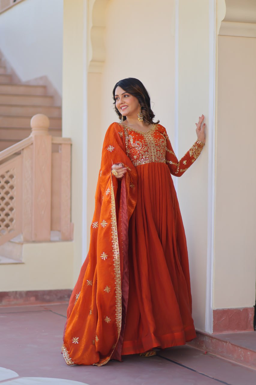 Fendy Fabric gown with Sequins-Multi Embroidered Work Dupatta