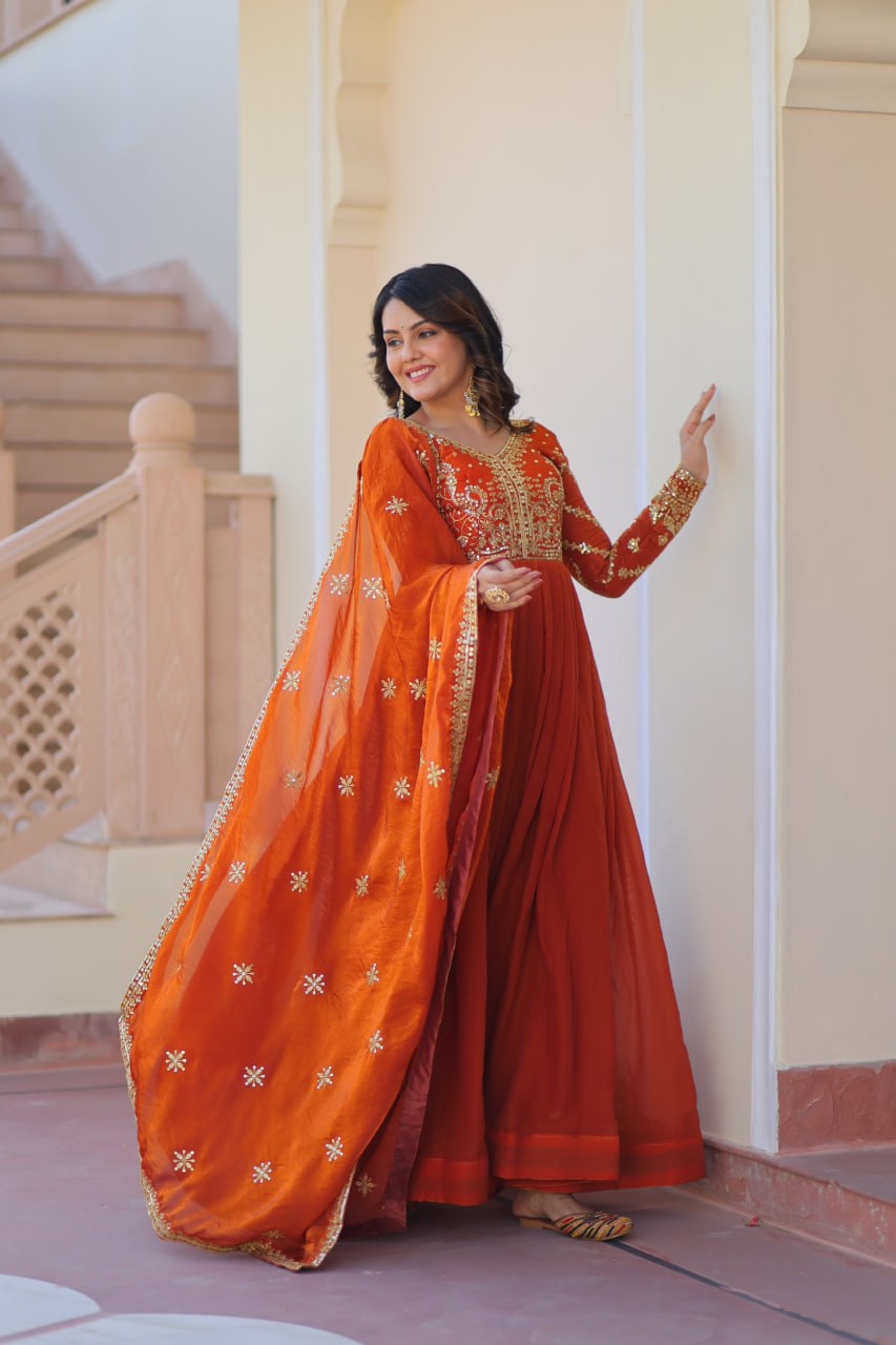 Fendy Fabric gown with Sequins-Multi Embroidered Work Dupatta