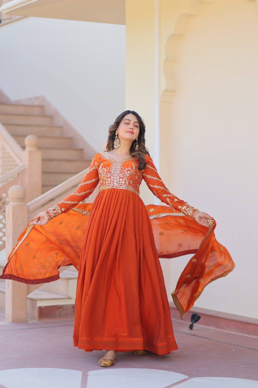 Fendy Fabric gown with Sequins-Multi Embroidered Work Dupatta