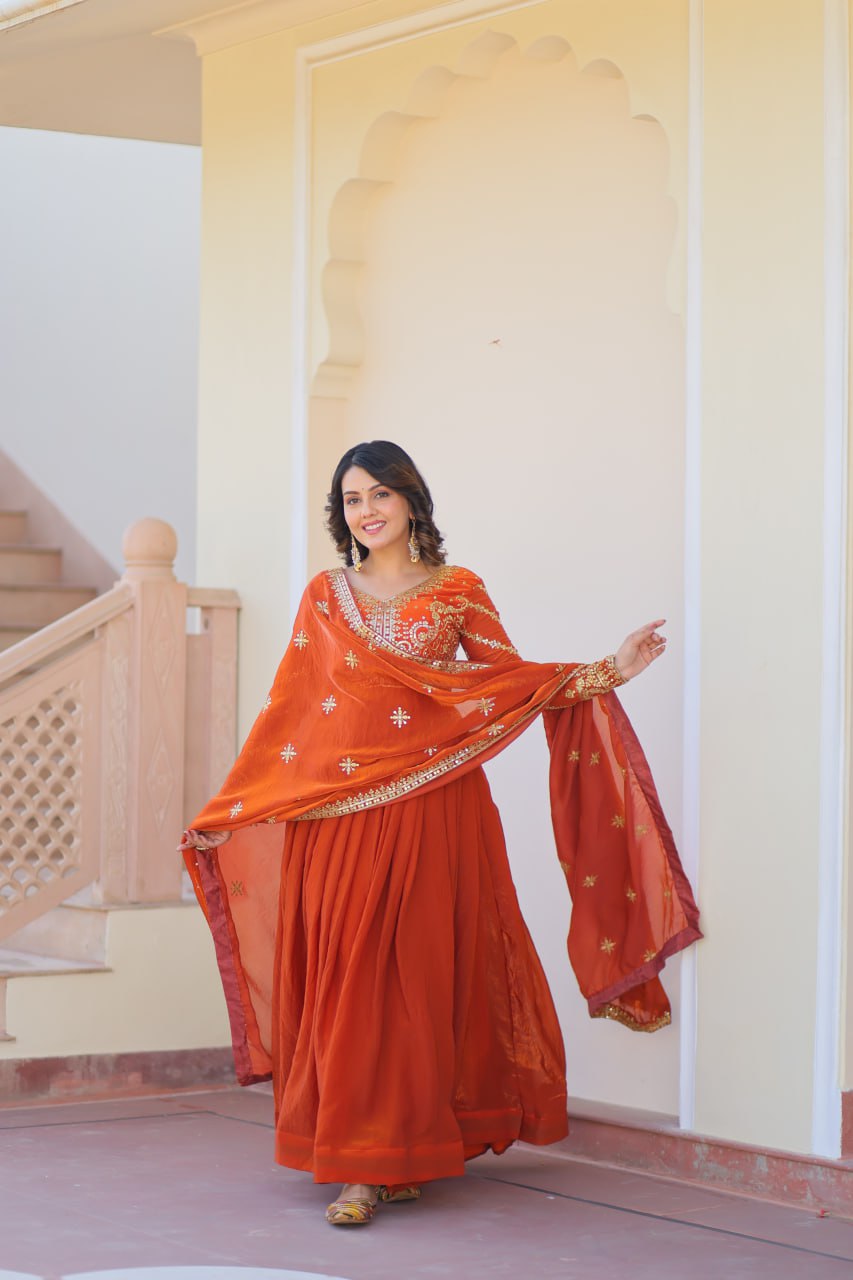 Fendy Fabric gown with Sequins-Multi Embroidered Work Dupatta