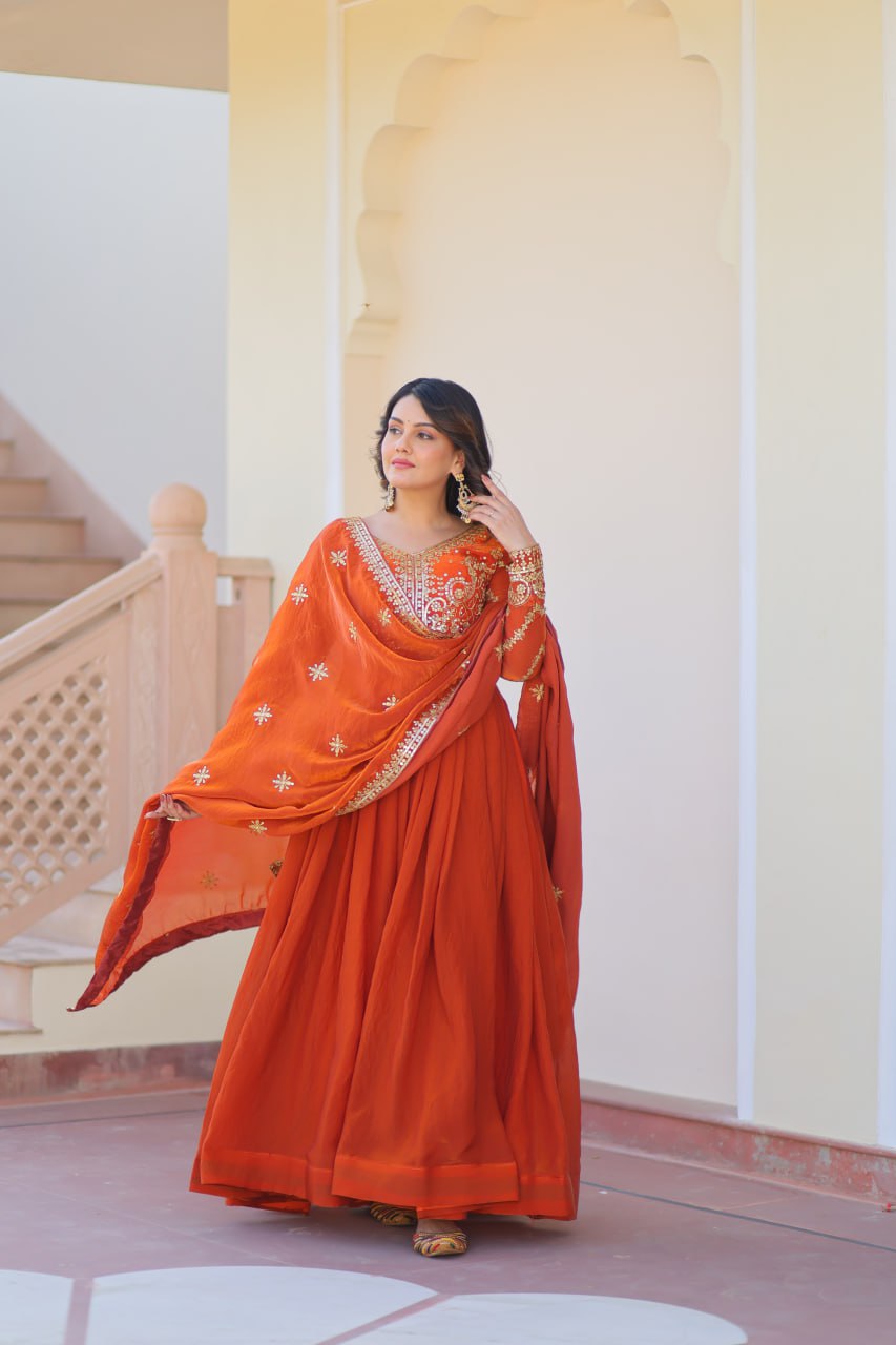 Fendy Fabric gown with Sequins-Multi Embroidered Work Dupatta
